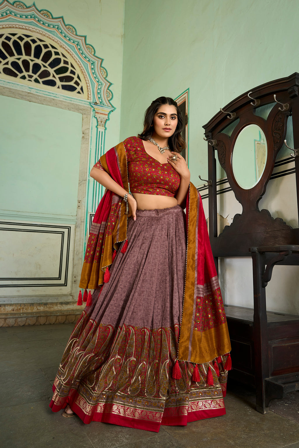 Vintage Mauve and Crimson Elegance Lehenga Ensemble