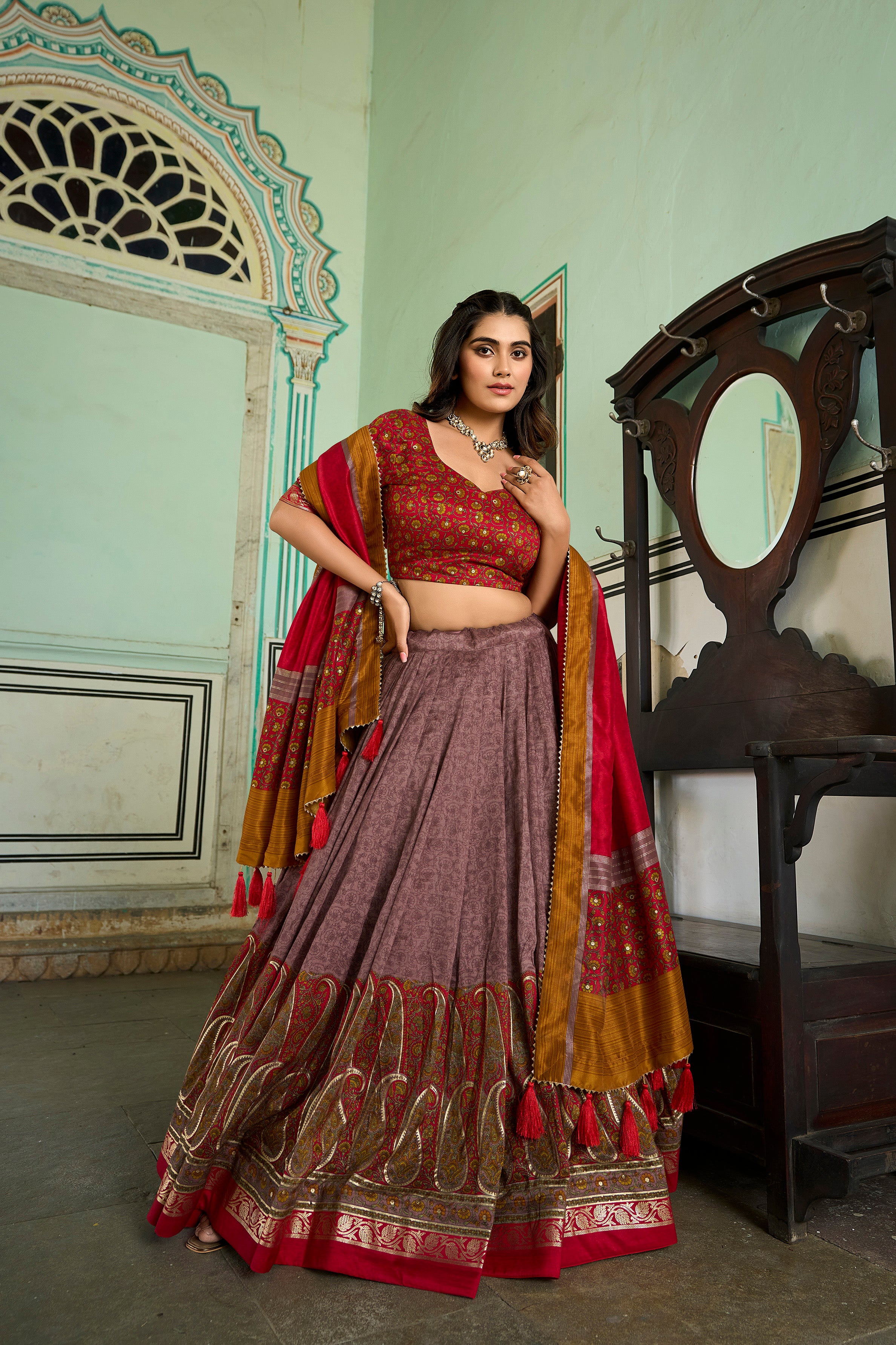 Vintage Mauve and Crimson Elegance Lehenga Ensemble