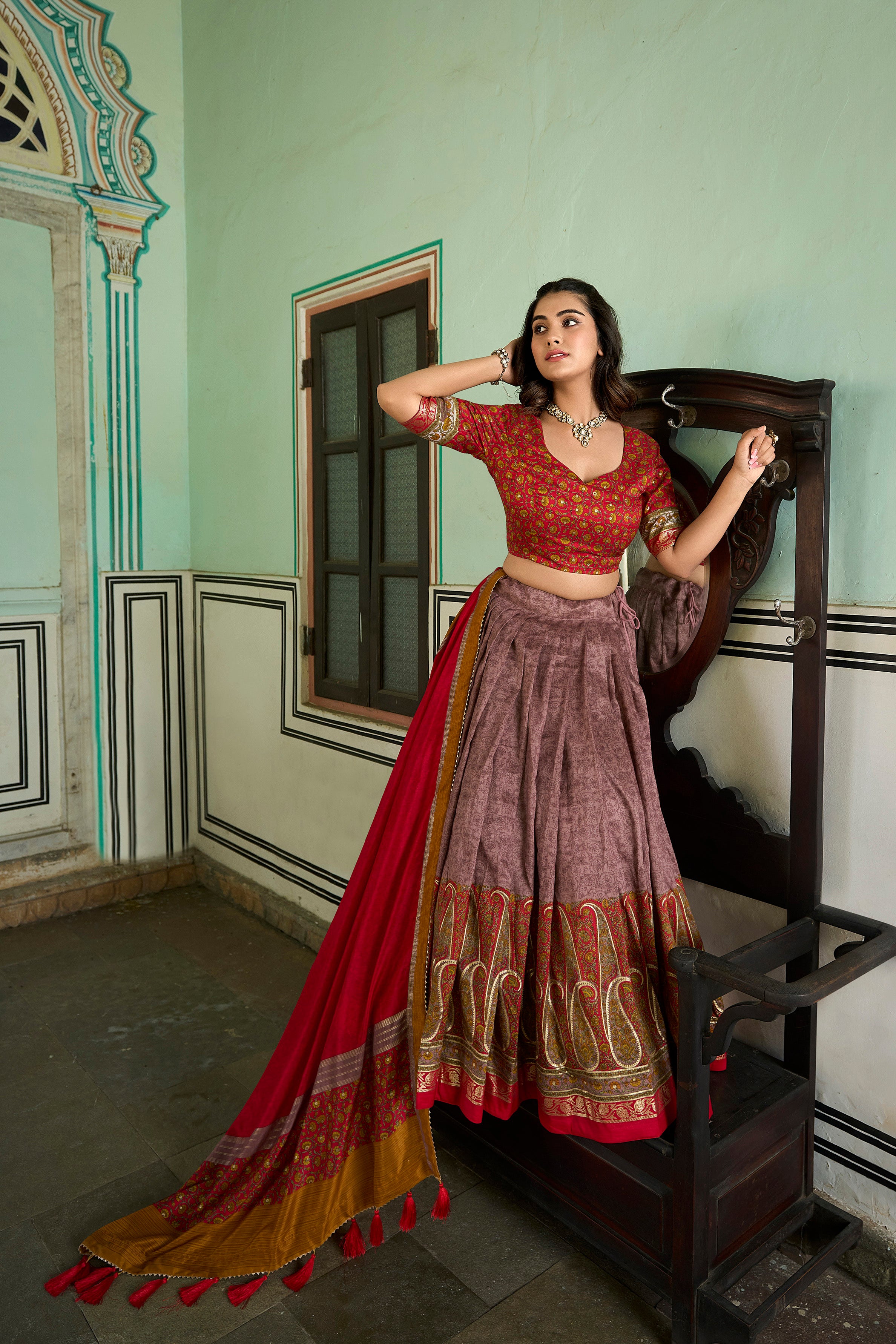 Vintage Mauve and Crimson Elegance Lehenga Ensemble