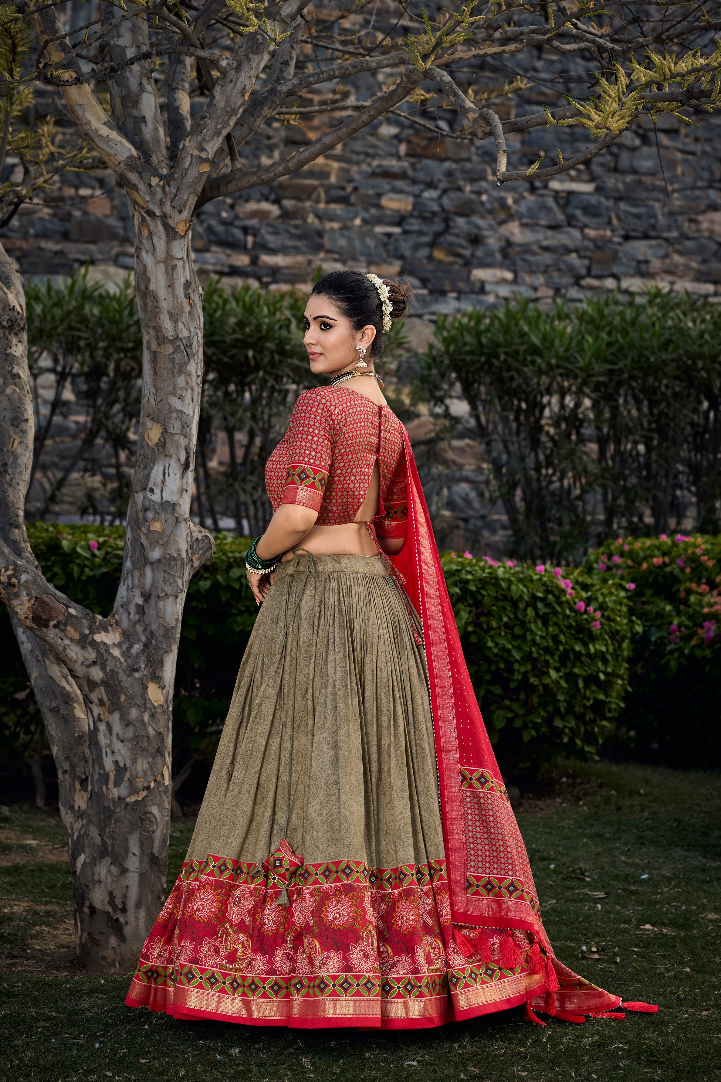 Elegant Red and Olive Traditional Lehenga Ensemble
