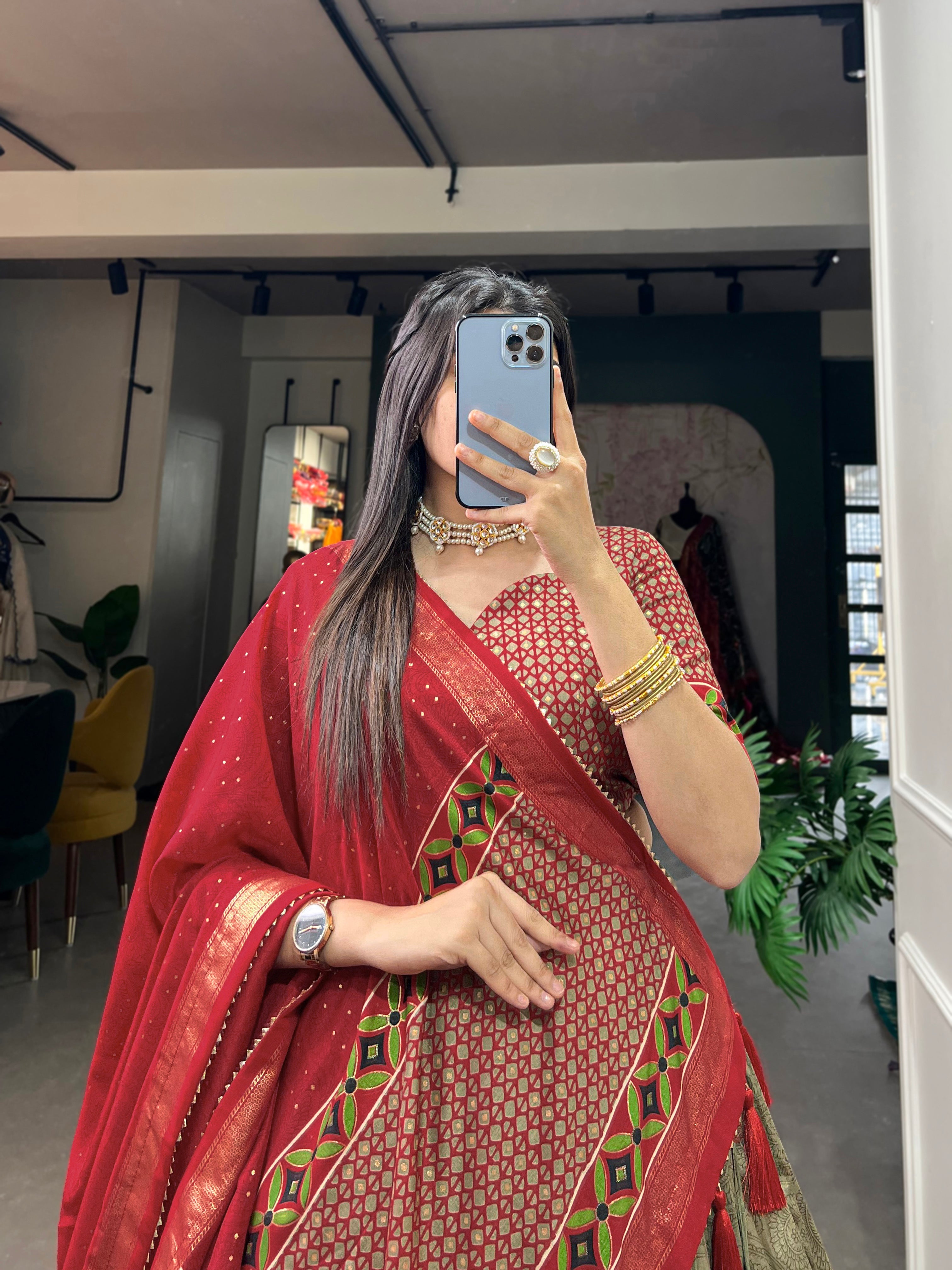 Elegant Red and Olive Traditional Lehenga Ensemble