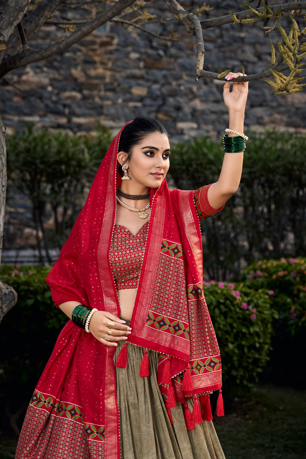 Elegant Red and Olive Traditional Lehenga Ensemble