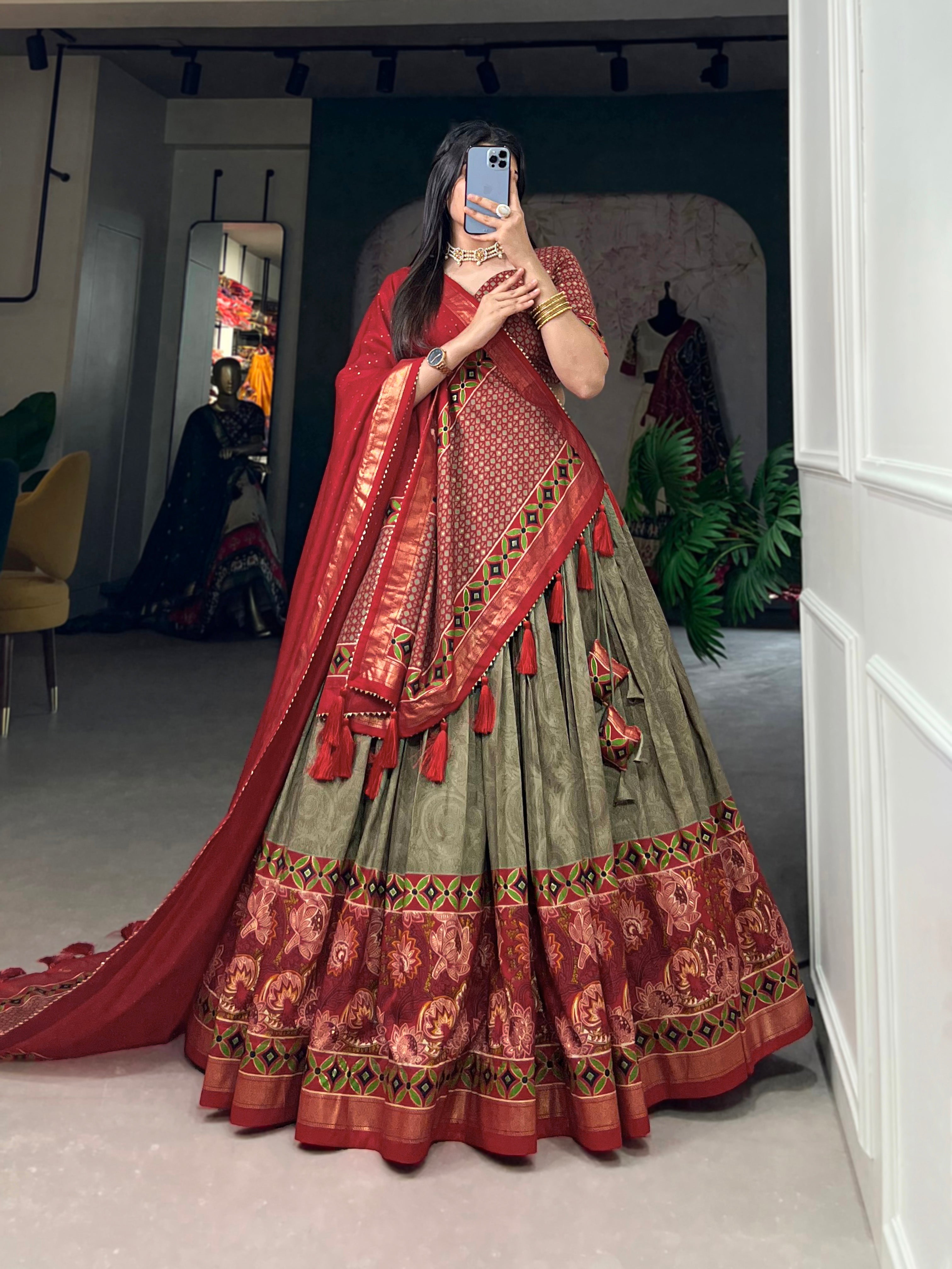 Elegant Red and Olive Traditional Lehenga Ensemble