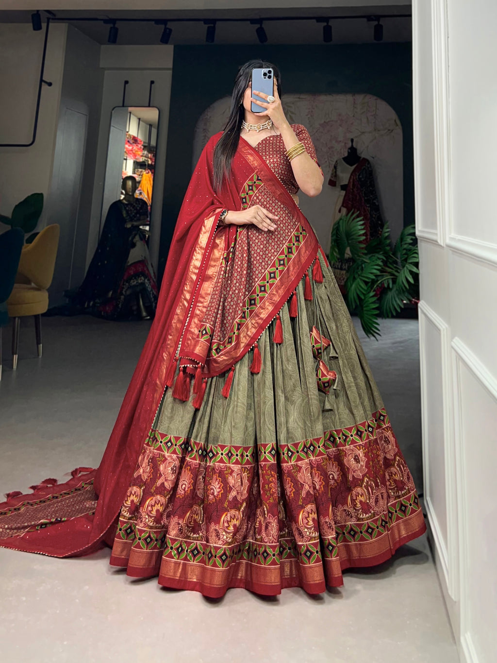 Elegant Red and Olive Traditional Lehenga Ensemble