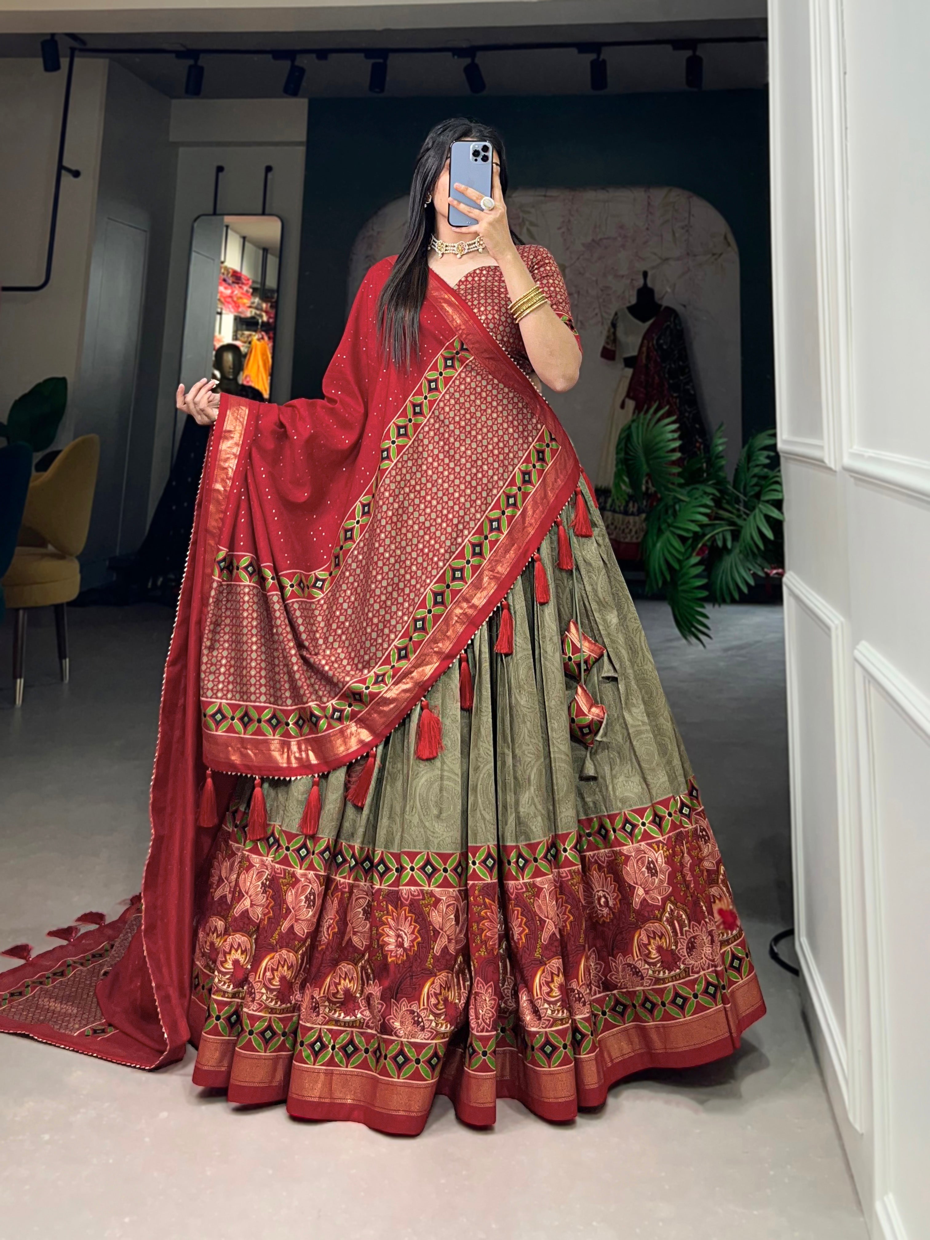 Elegant Red and Olive Traditional Lehenga Ensemble