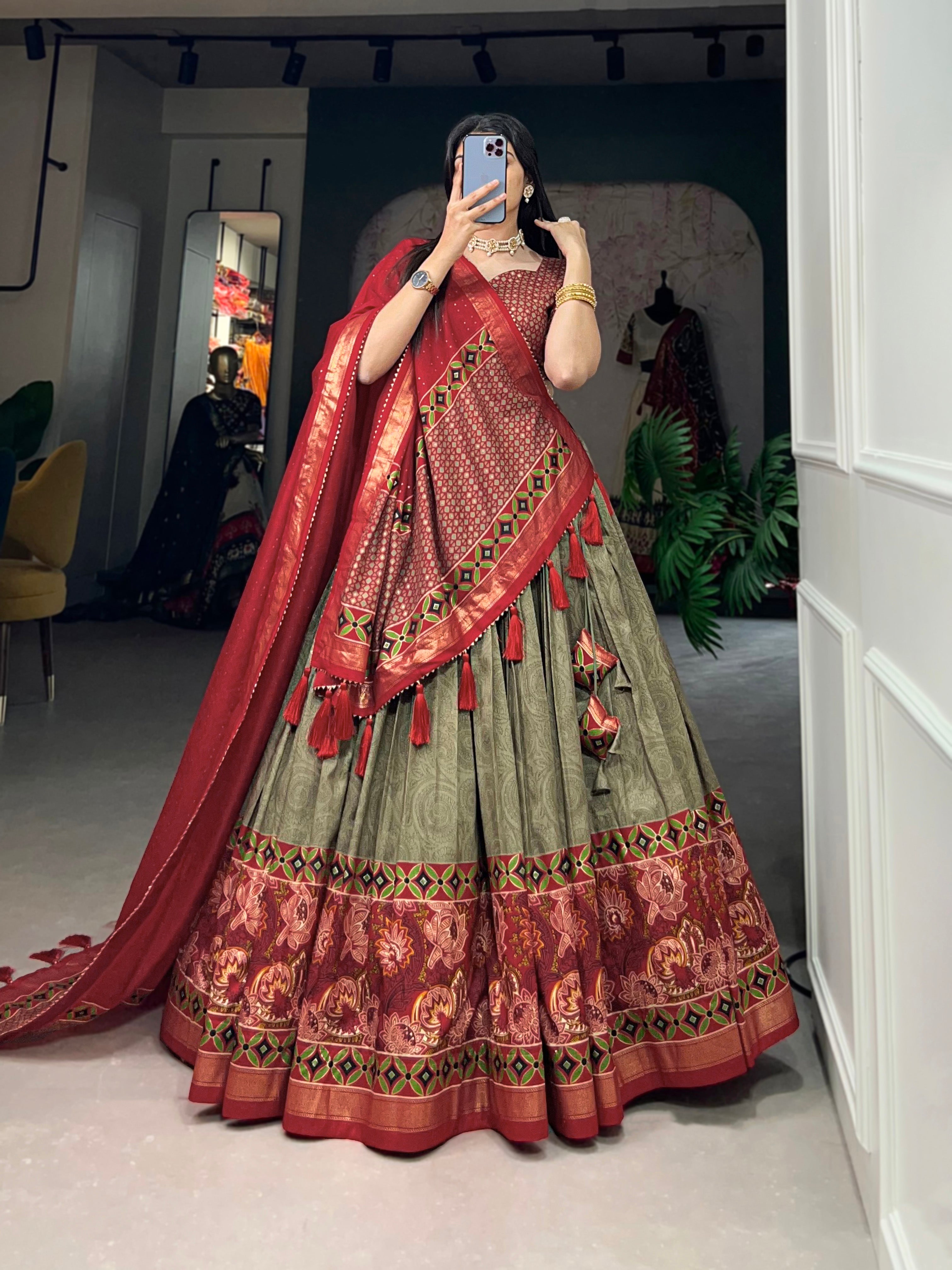 Elegant Red and Olive Traditional Lehenga Ensemble