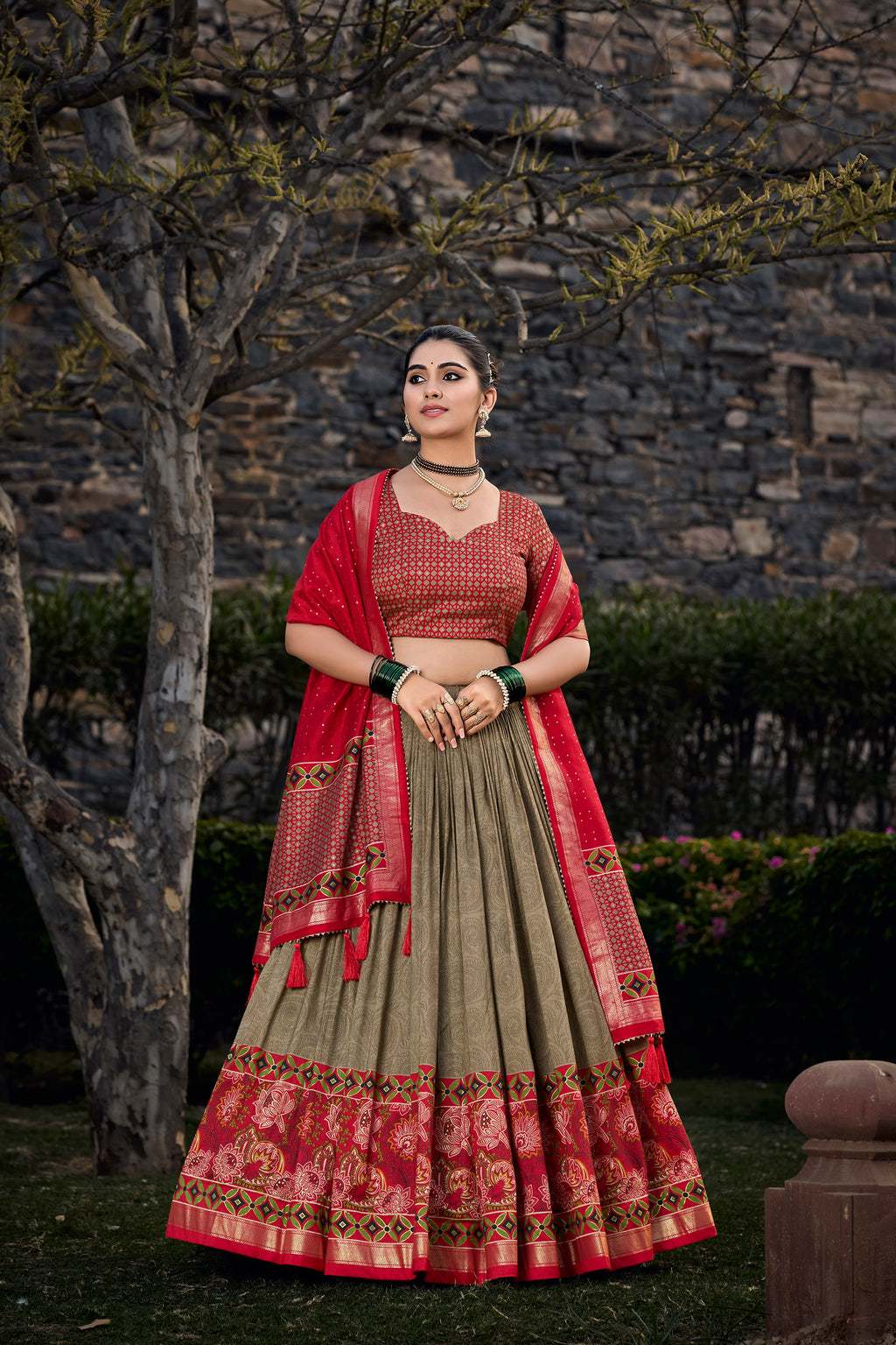 Elegant Red and Olive Traditional Lehenga Ensemble