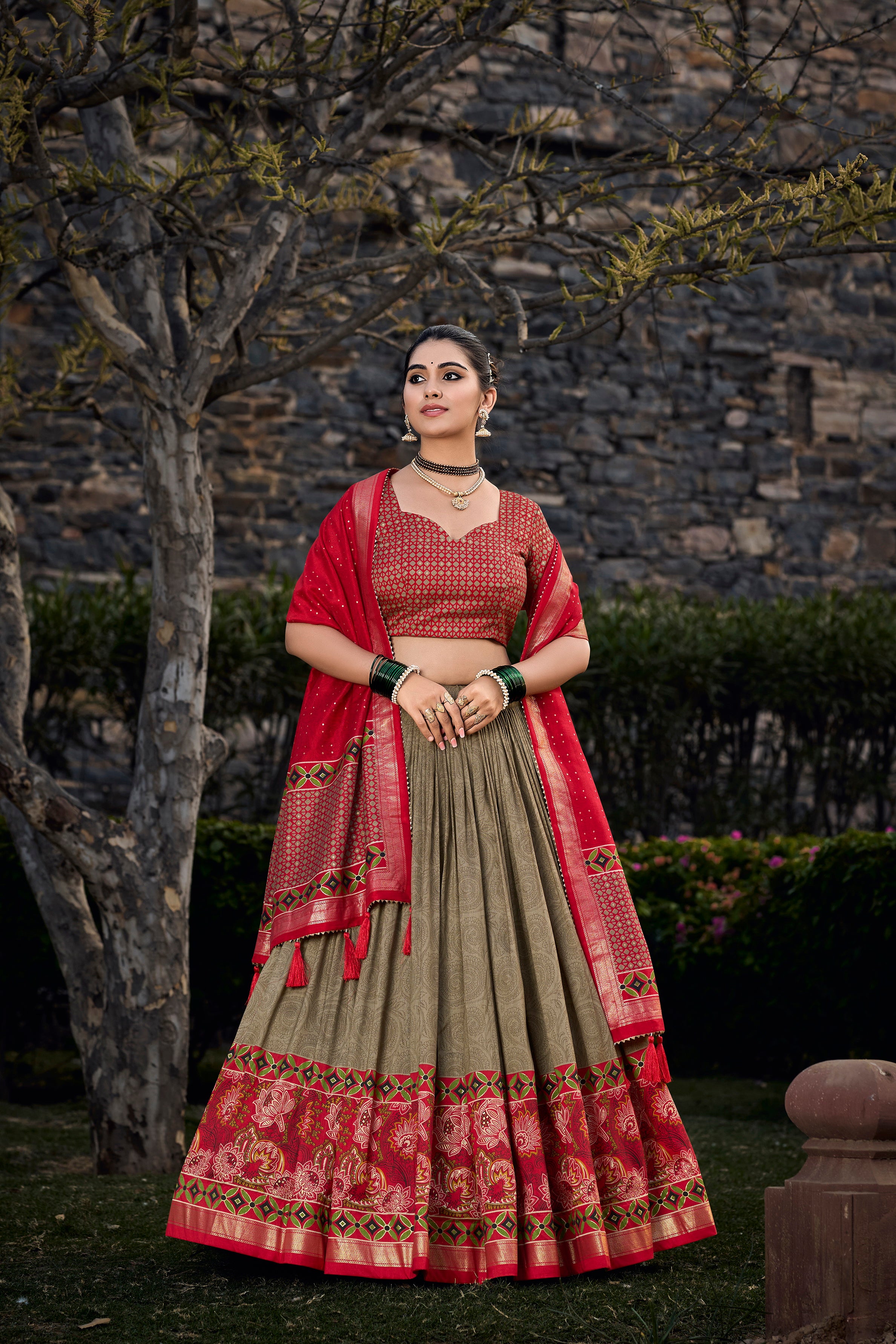 Elegant Red and Olive Traditional Lehenga Ensemble