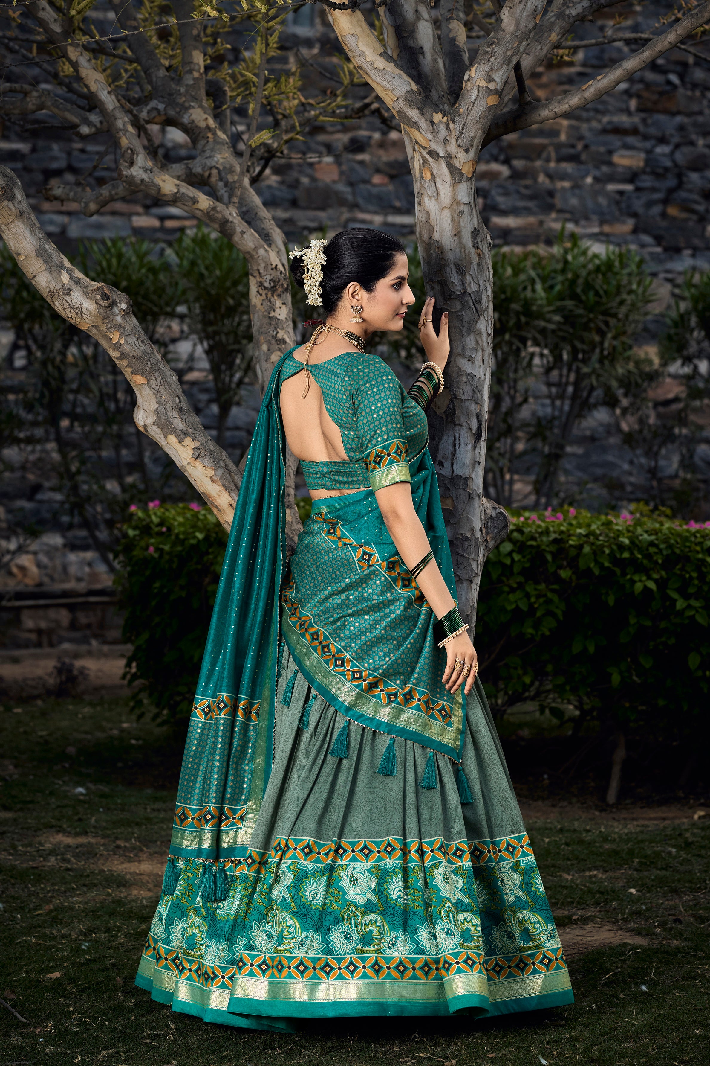 Graceful Green and Teal Traditional Lehenga Ensemble