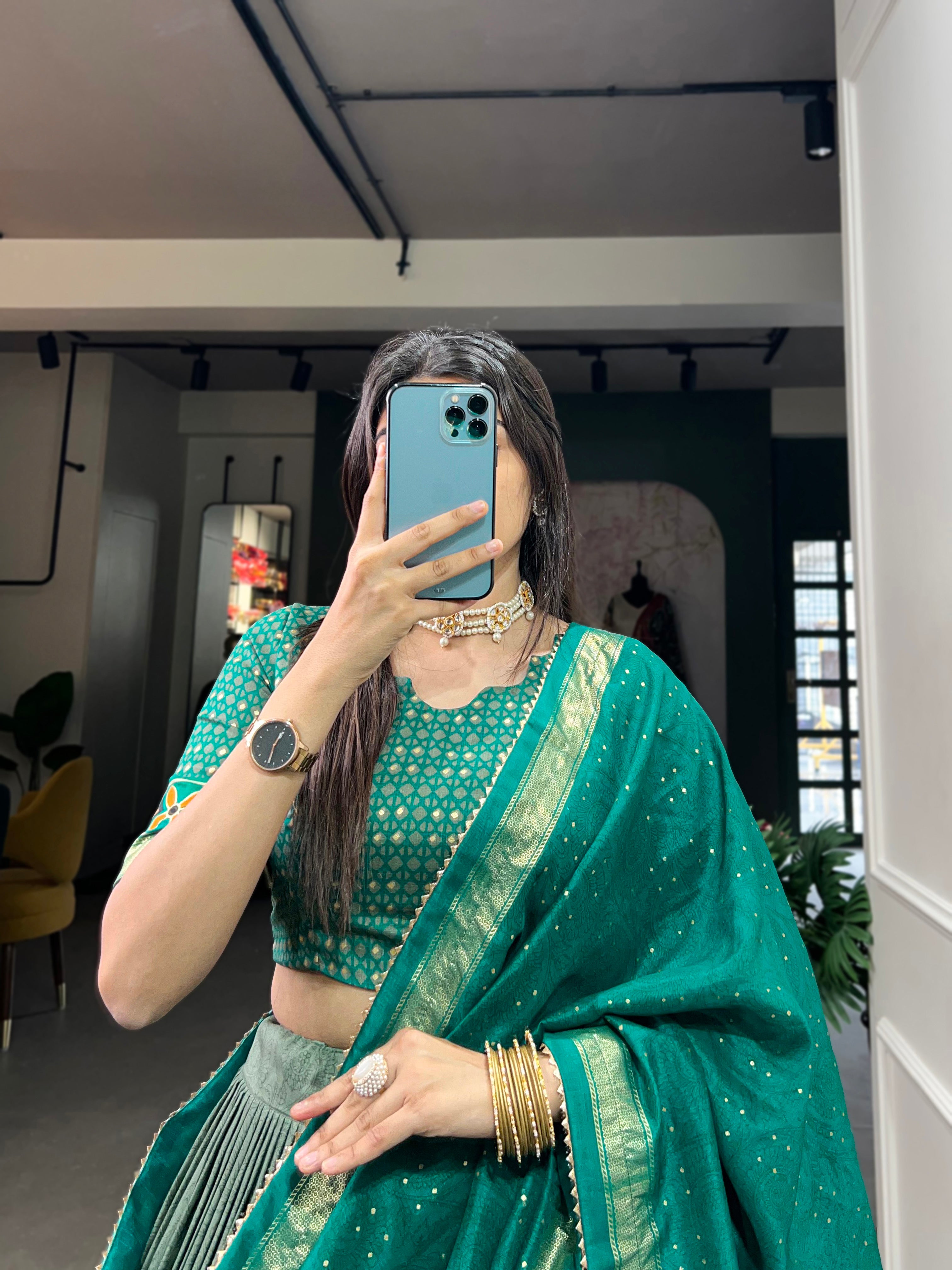 Graceful Green and Teal Traditional Lehenga Ensemble