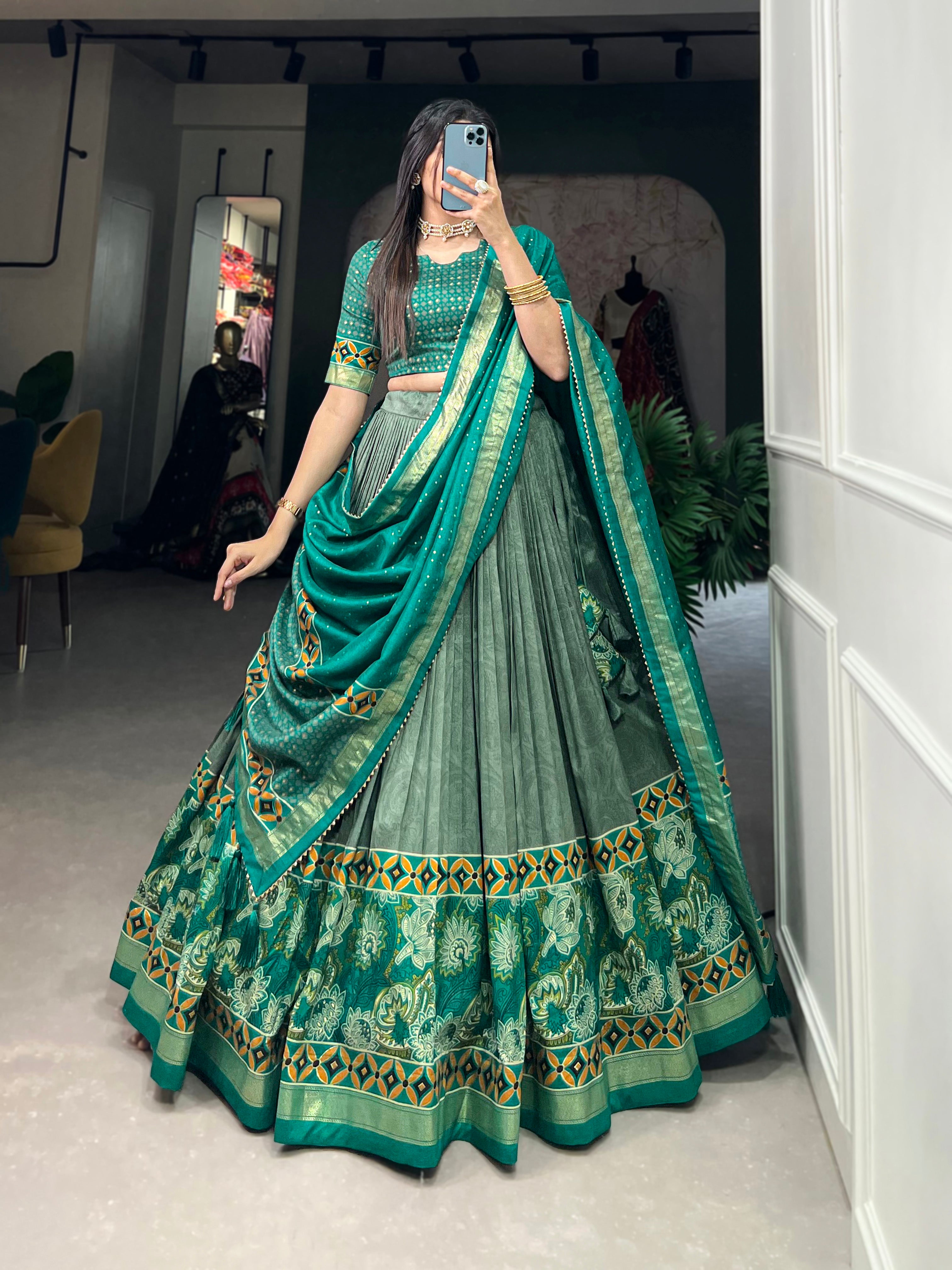 Graceful Green and Teal Traditional Lehenga Ensemble