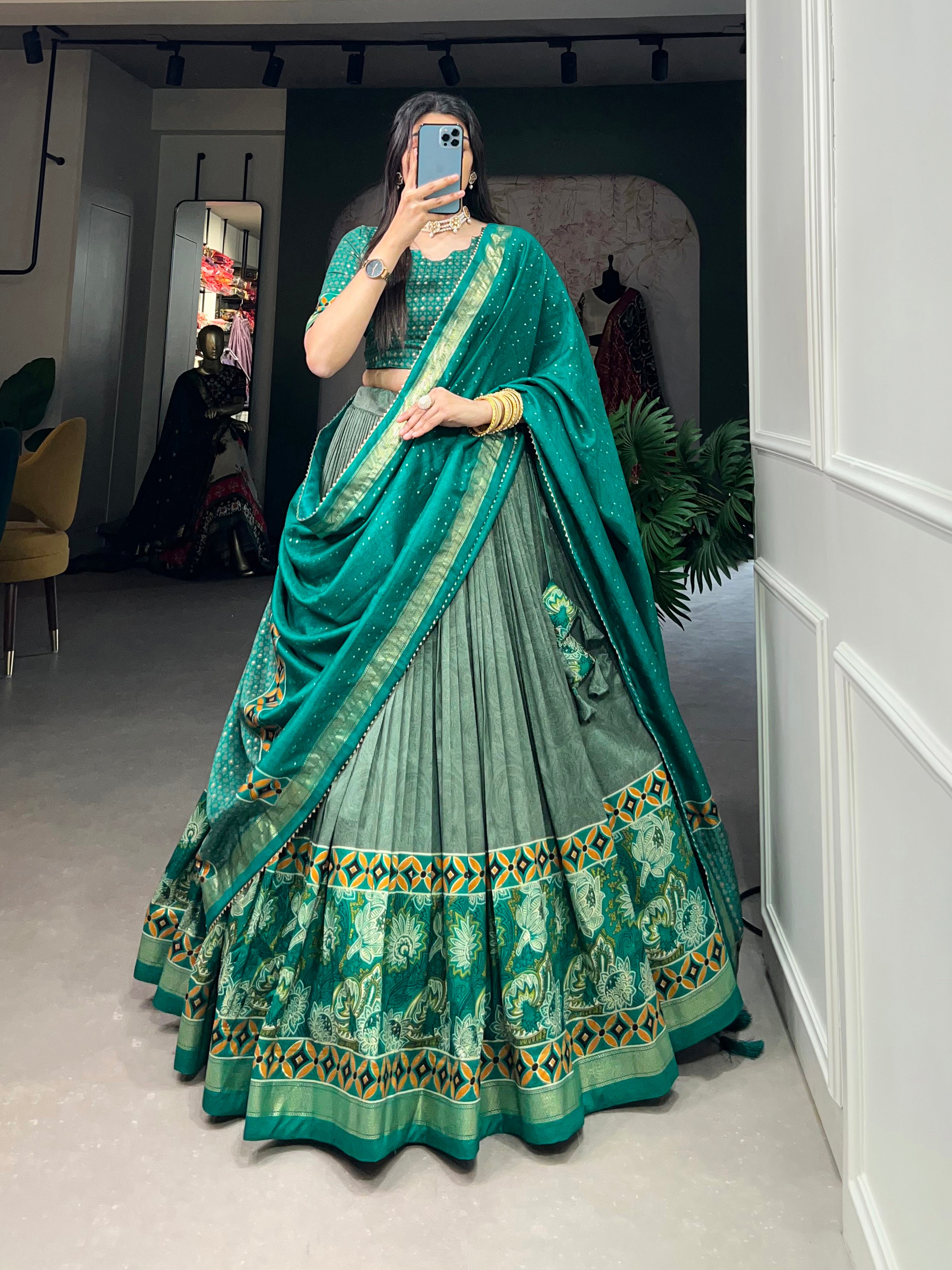 Graceful Green and Teal Traditional Lehenga Ensemble