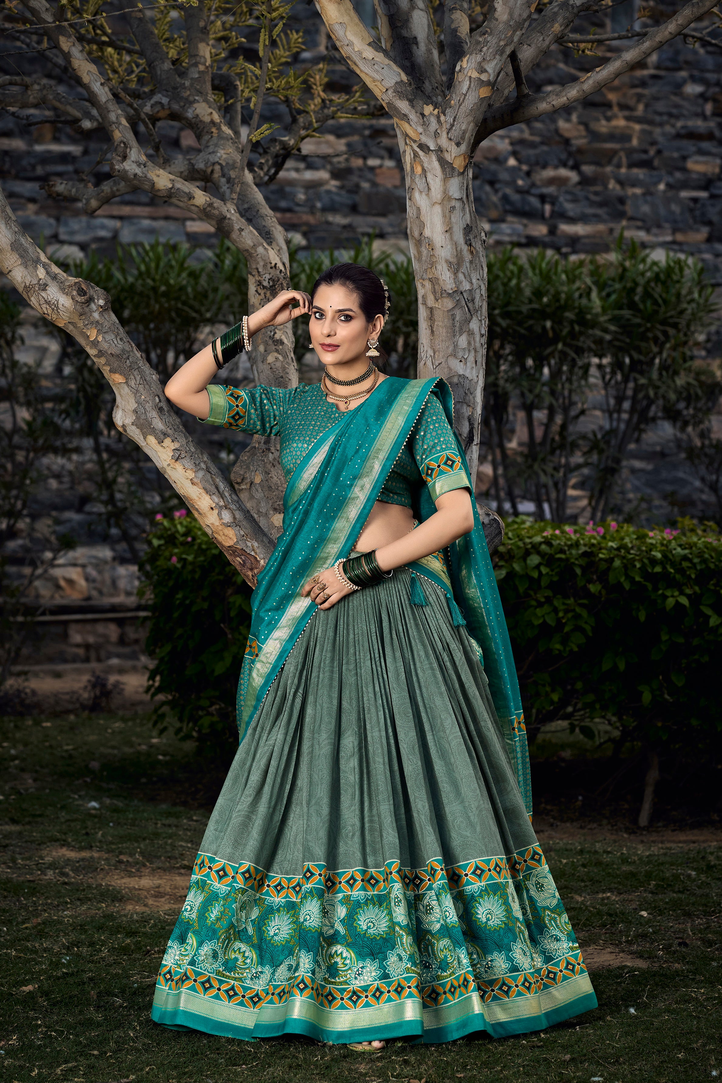 Graceful Green and Teal Traditional Lehenga Ensemble