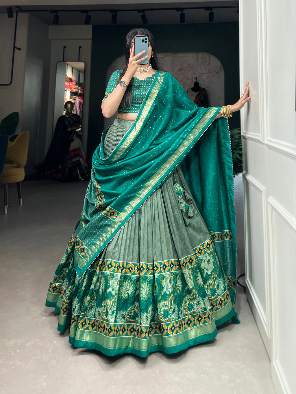 Graceful Green and Teal Traditional Lehenga Ensemble