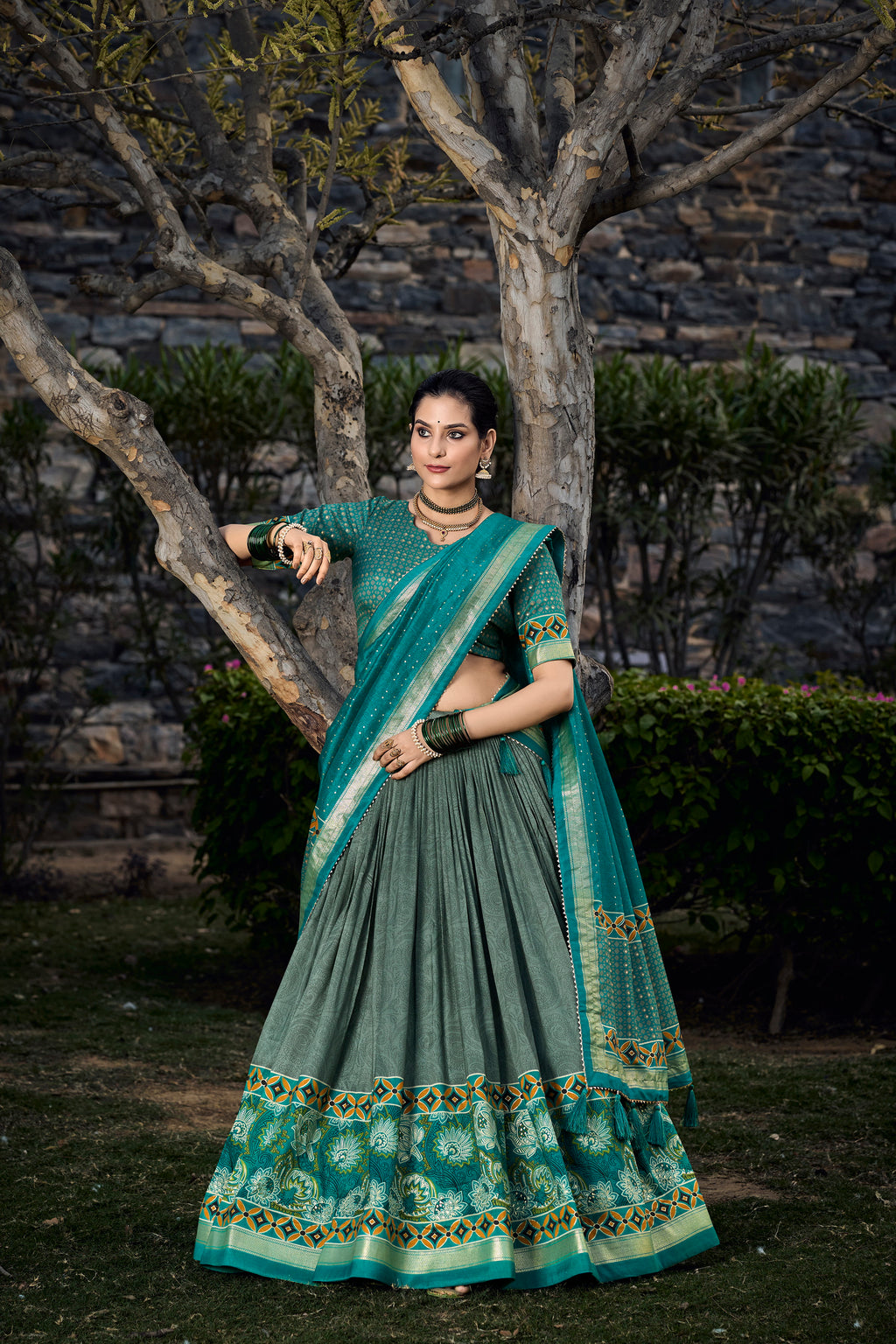 Graceful Green and Teal Traditional Lehenga Ensemble