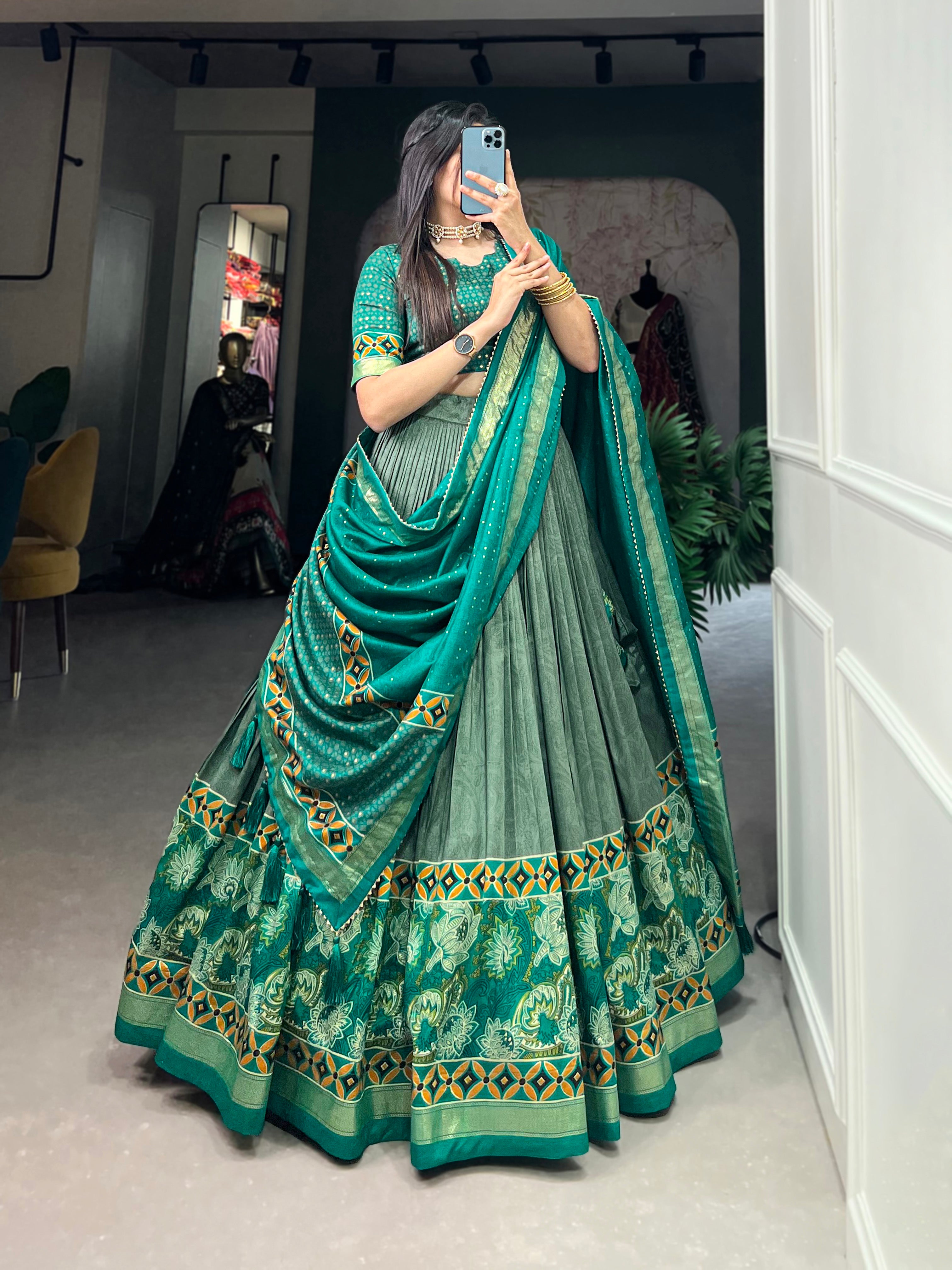 Graceful Green and Teal Traditional Lehenga Ensemble