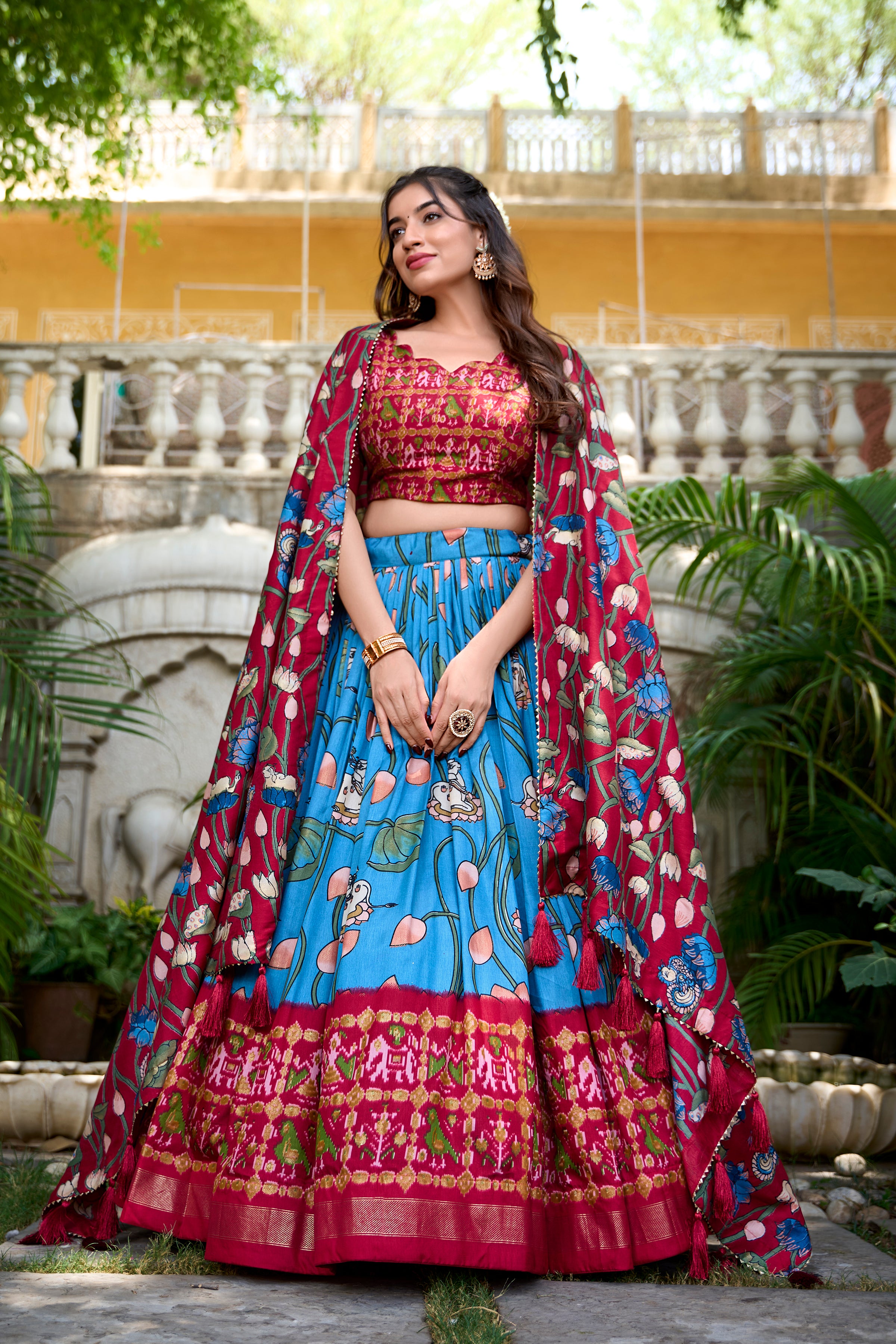 Vibrant Fusion Lehenga in Pink & Navy with Artistic Motifs
