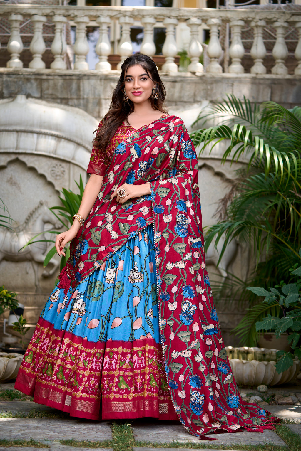 Vibrant Fusion Lehenga in Pink & Navy with Artistic Motifs