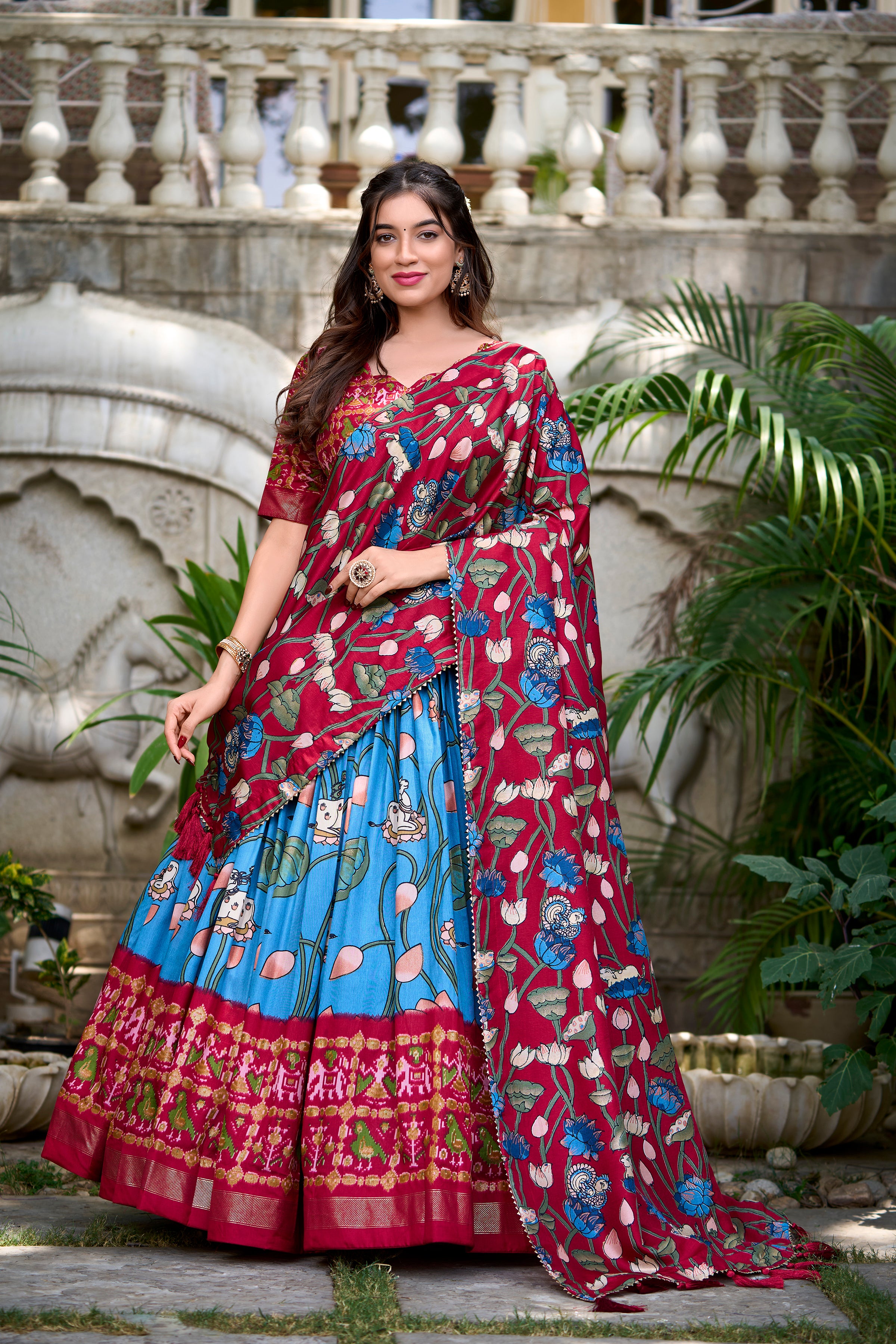 Vibrant Fusion Lehenga in Pink & Navy with Artistic Motifs