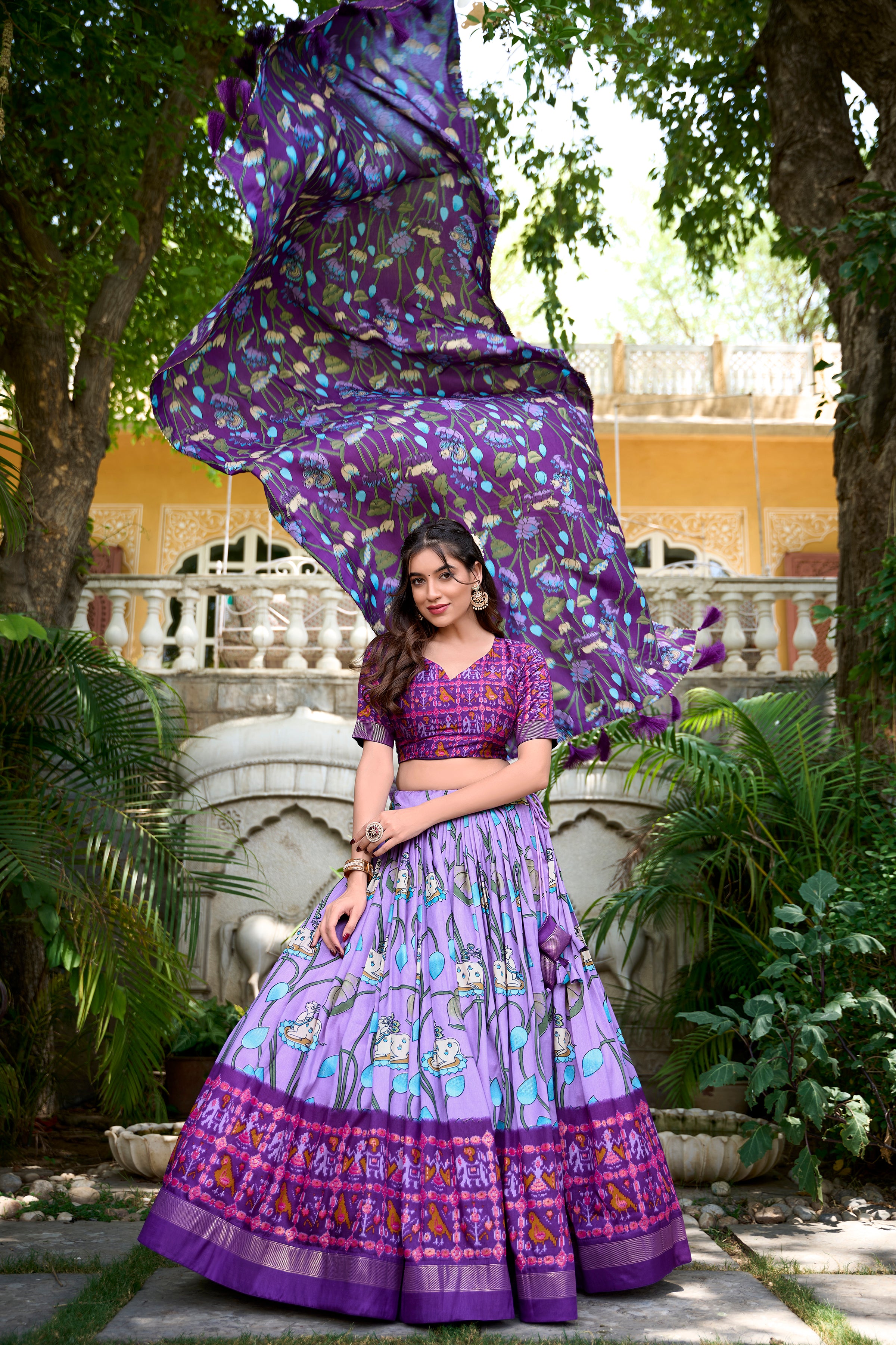 Vibrant Fusion Lehenga in Pink & Navy with Artistic Motifs