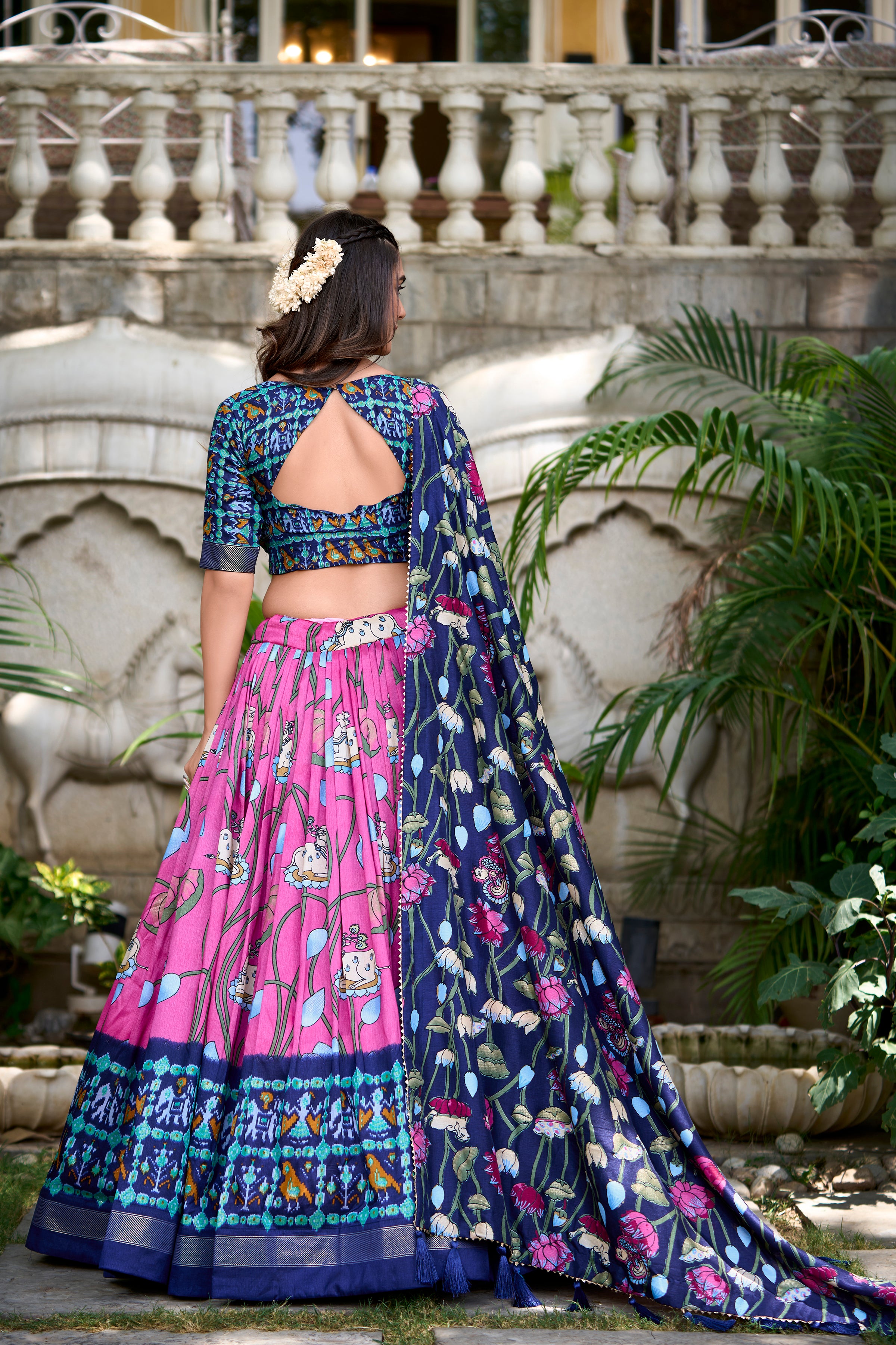 Vibrant Fusion Lehenga in Pink & Navy with Artistic Motifs