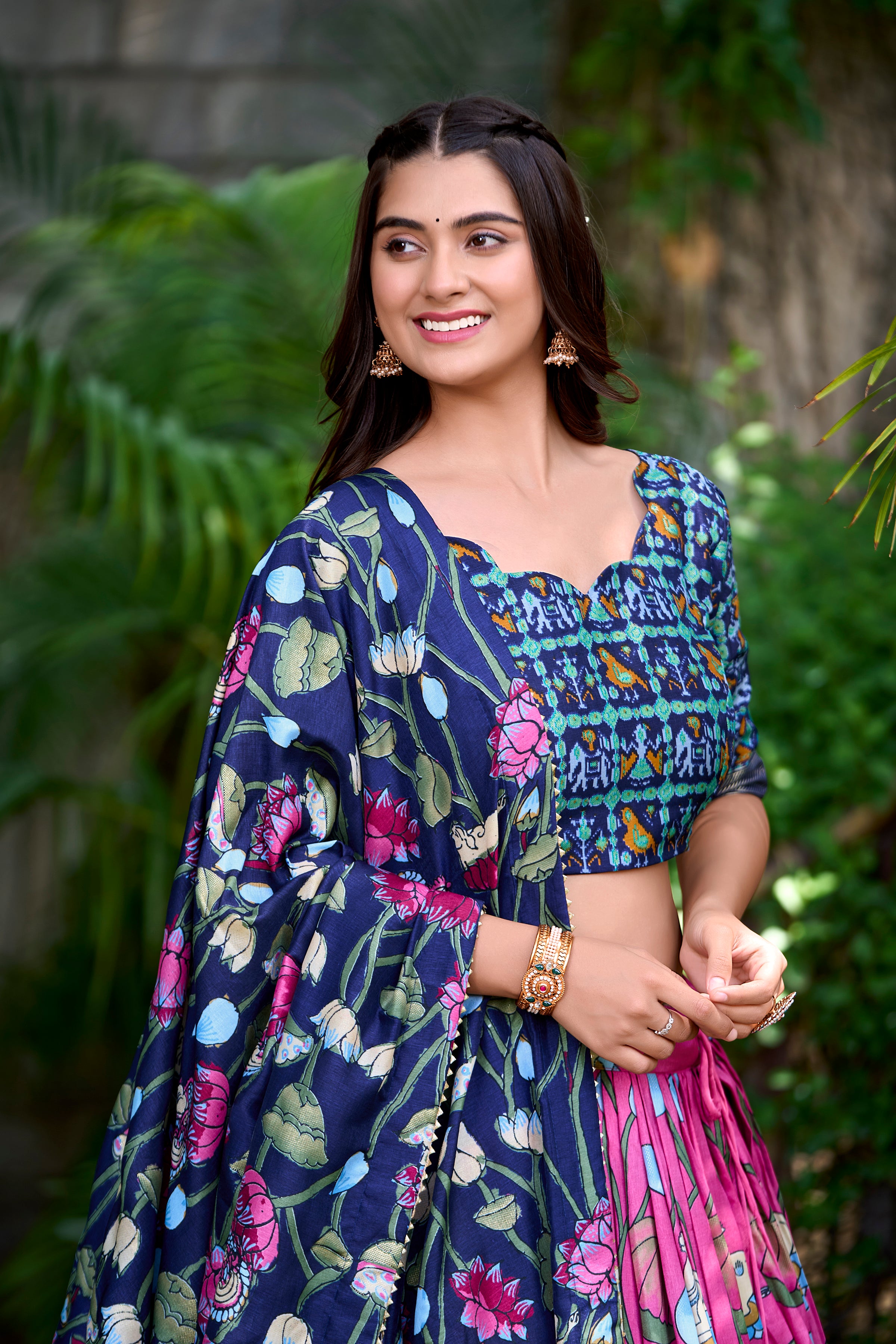 Vibrant Fusion Lehenga in Pink & Navy with Artistic Motifs