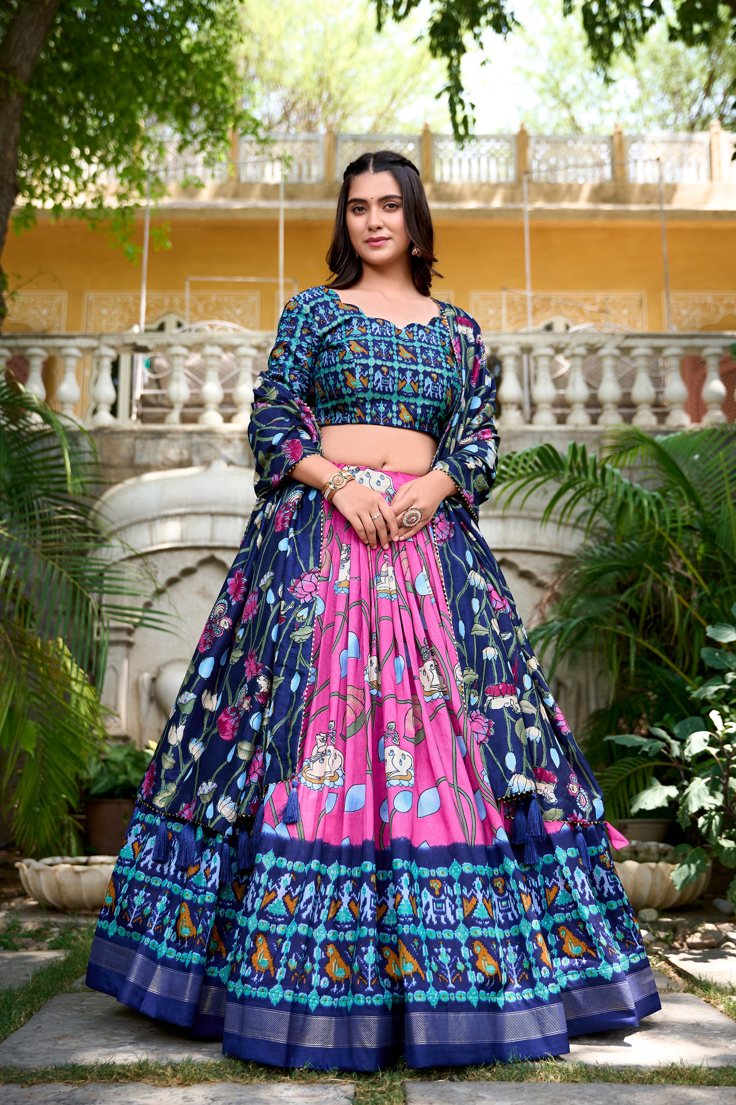 Vibrant Fusion Lehenga in Pink & Navy with Artistic Motifs