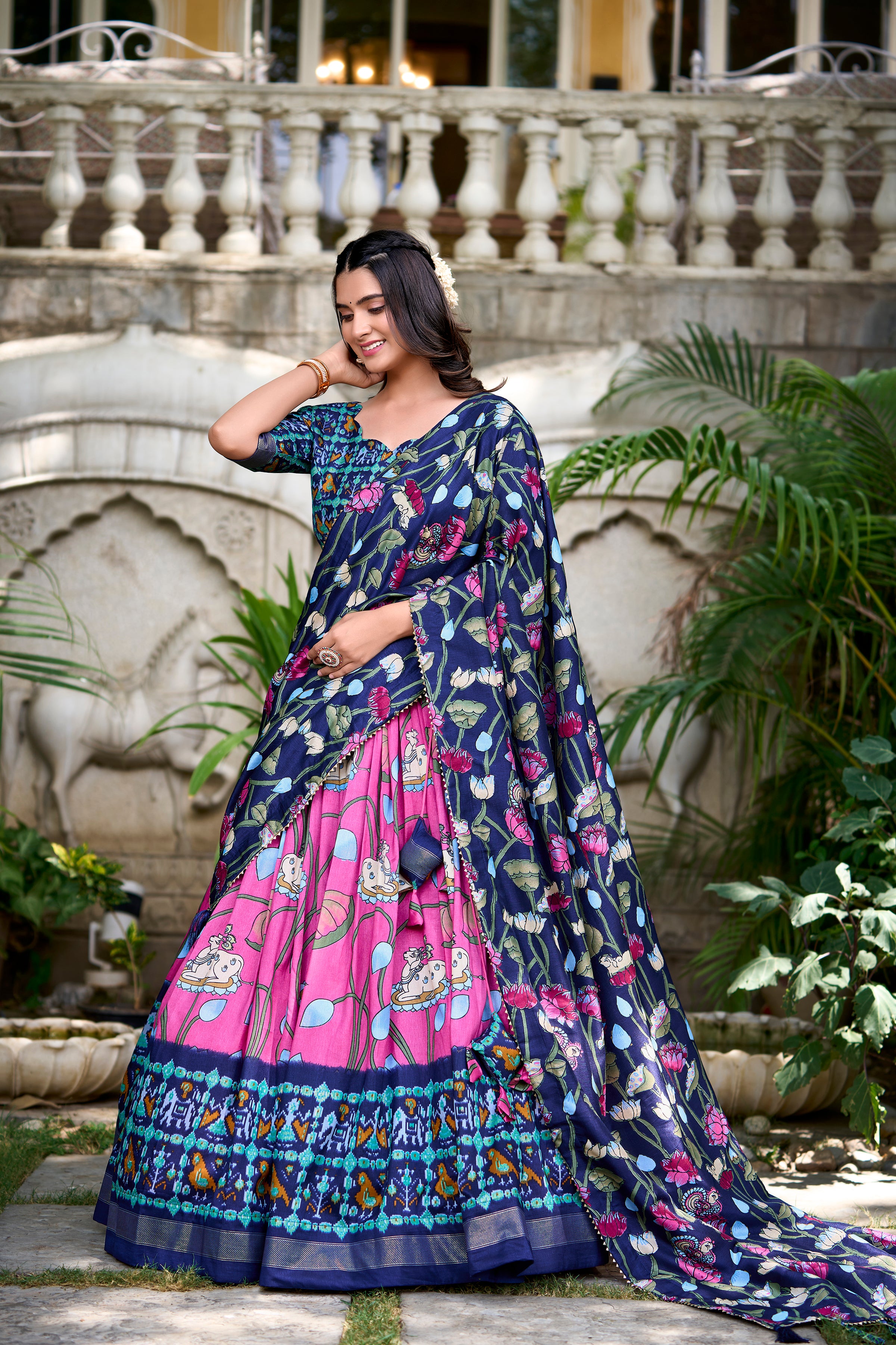 Vibrant Fusion Lehenga in Pink & Navy with Artistic Motifs