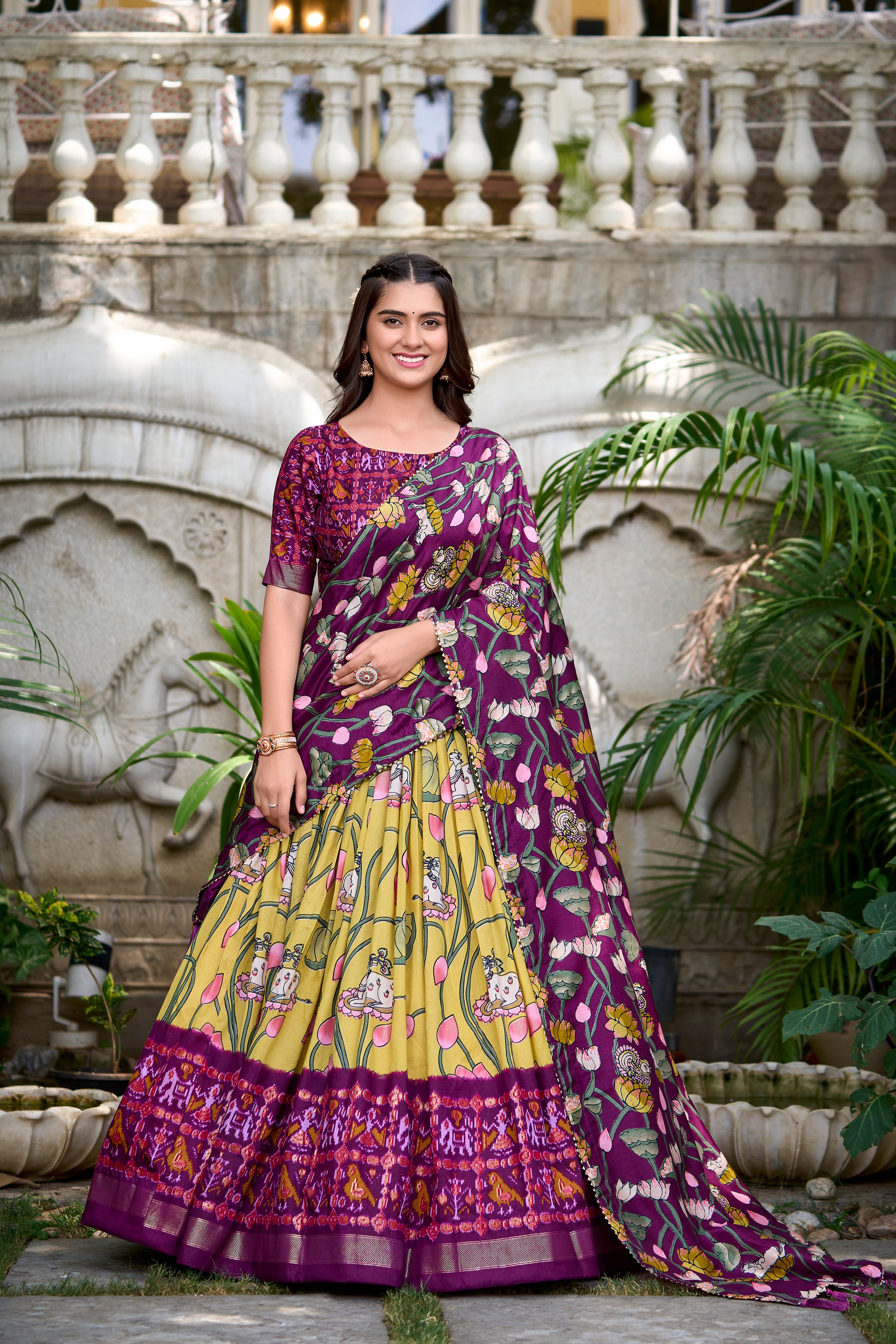 Vibrant Fusion Lehenga in Pink & Navy with Artistic Motifs