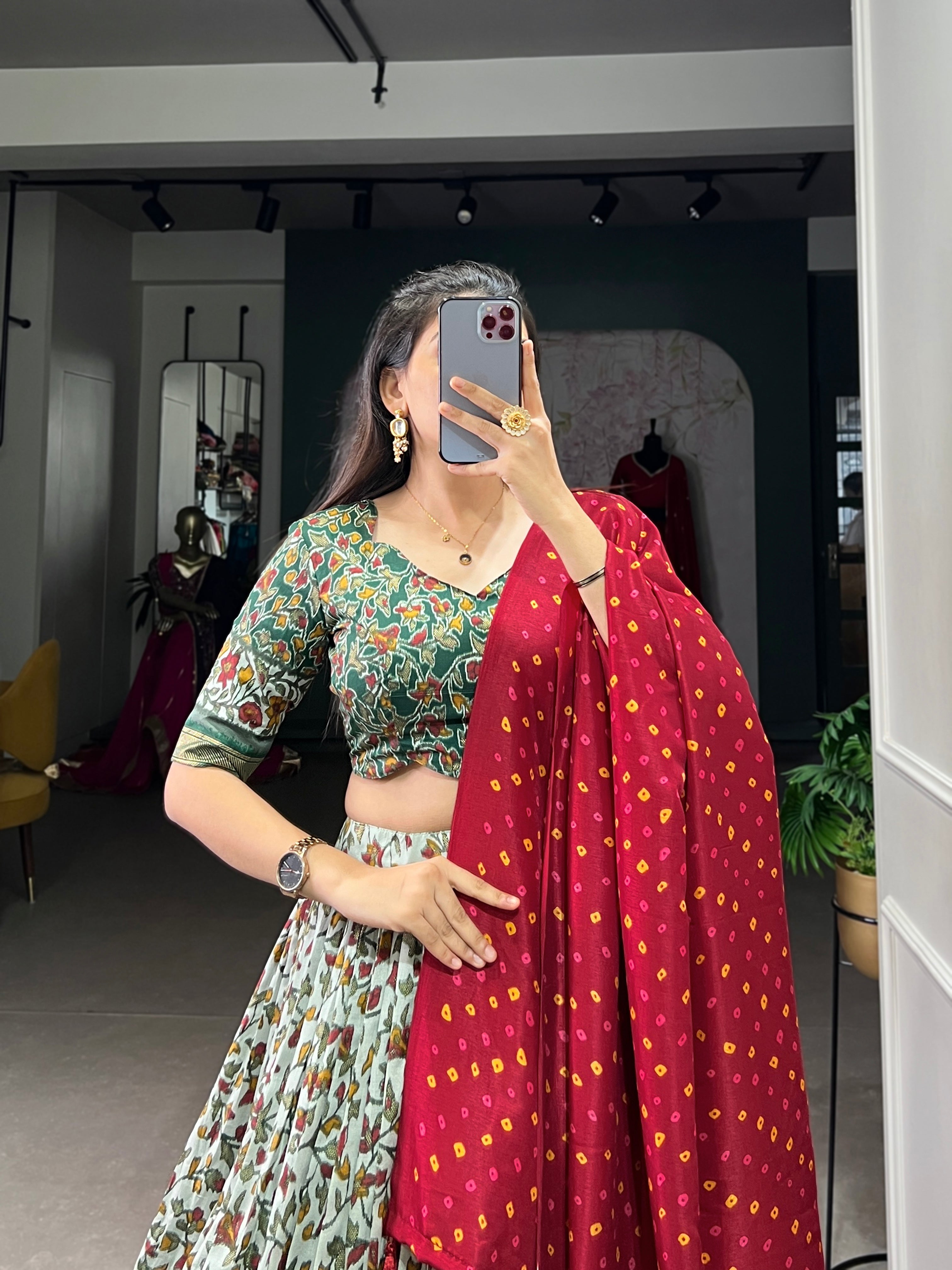 Floral Elegance Green & Red Lehenga with Bandhej Dupatta
