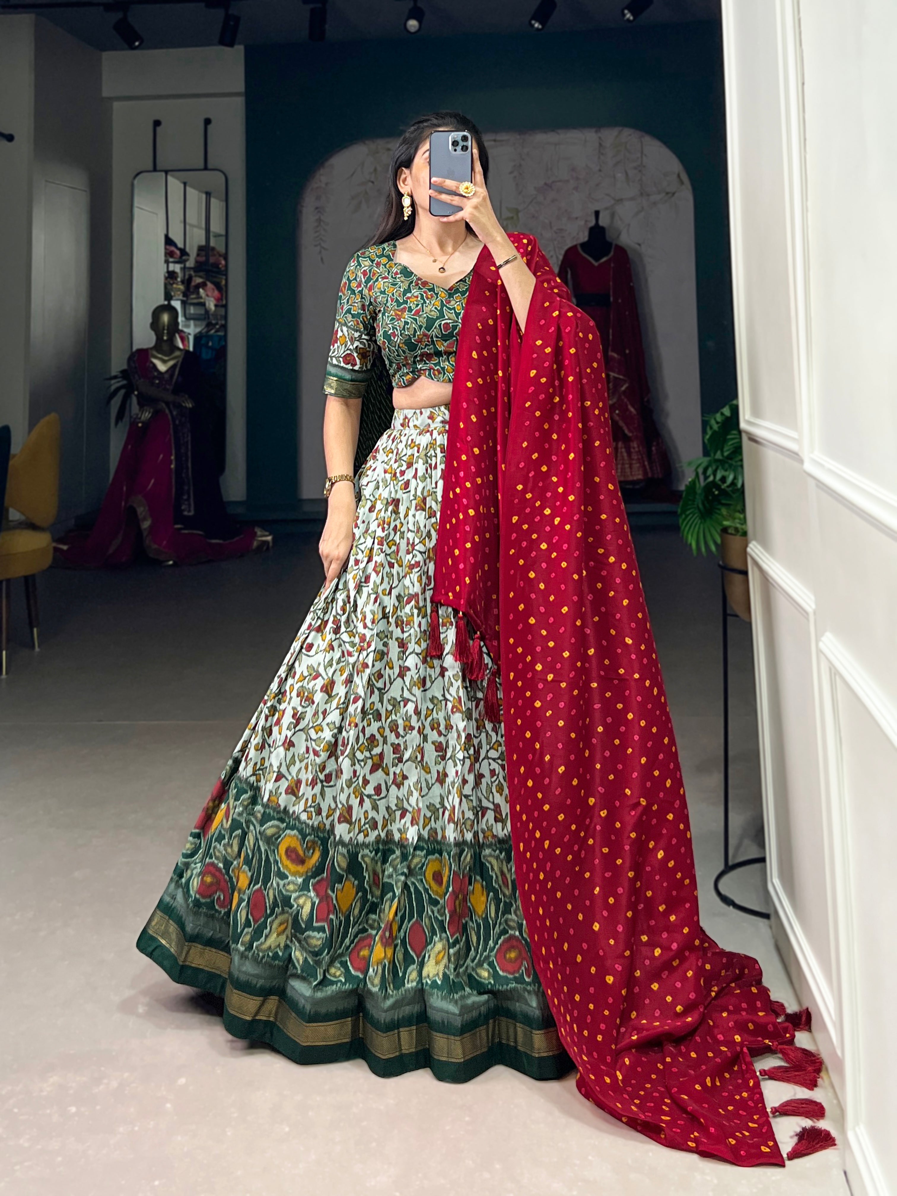 Floral Elegance Green & Red Lehenga with Bandhej Dupatta
