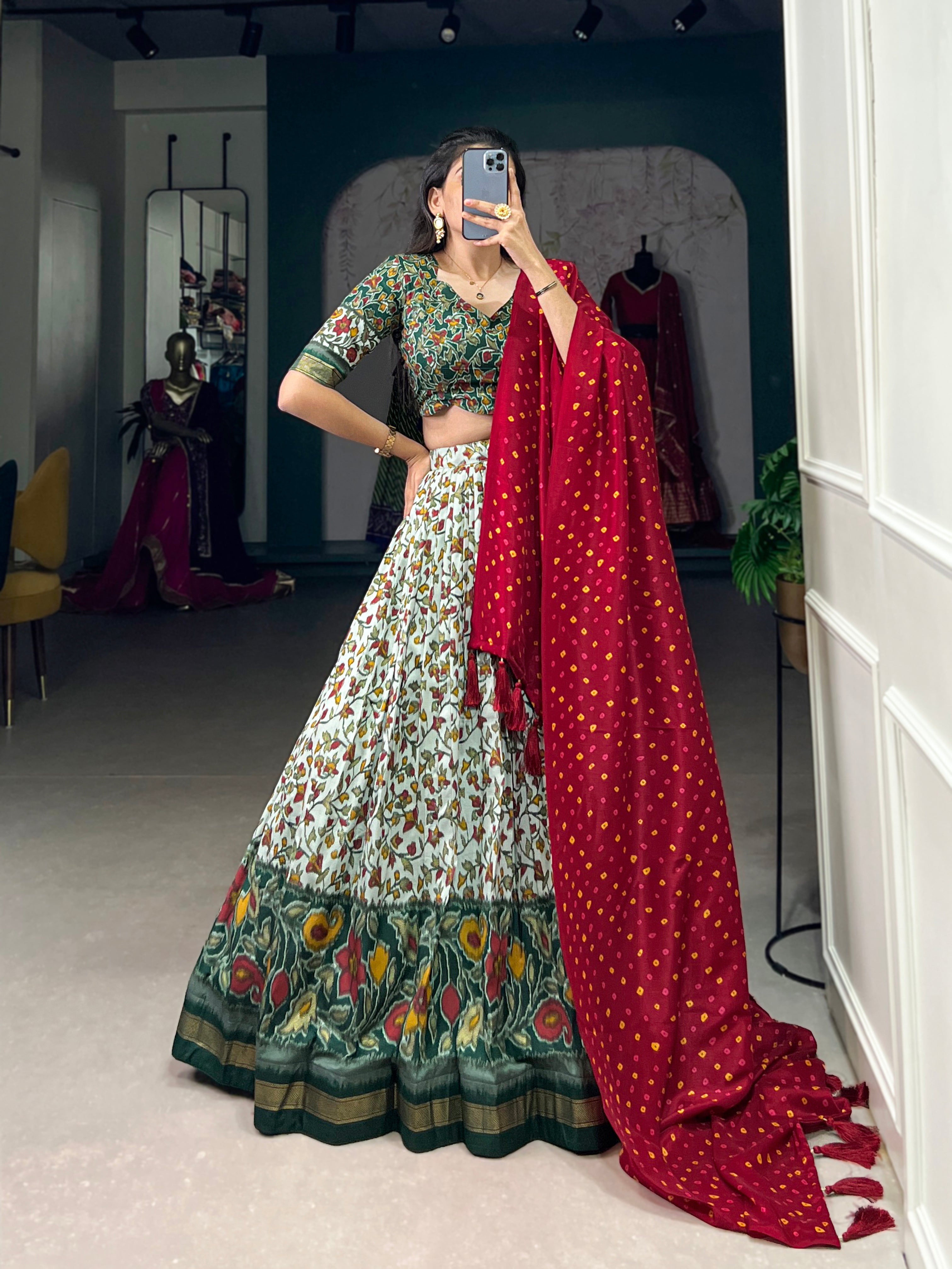 Floral Elegance Green & Red Lehenga with Bandhej Dupatta