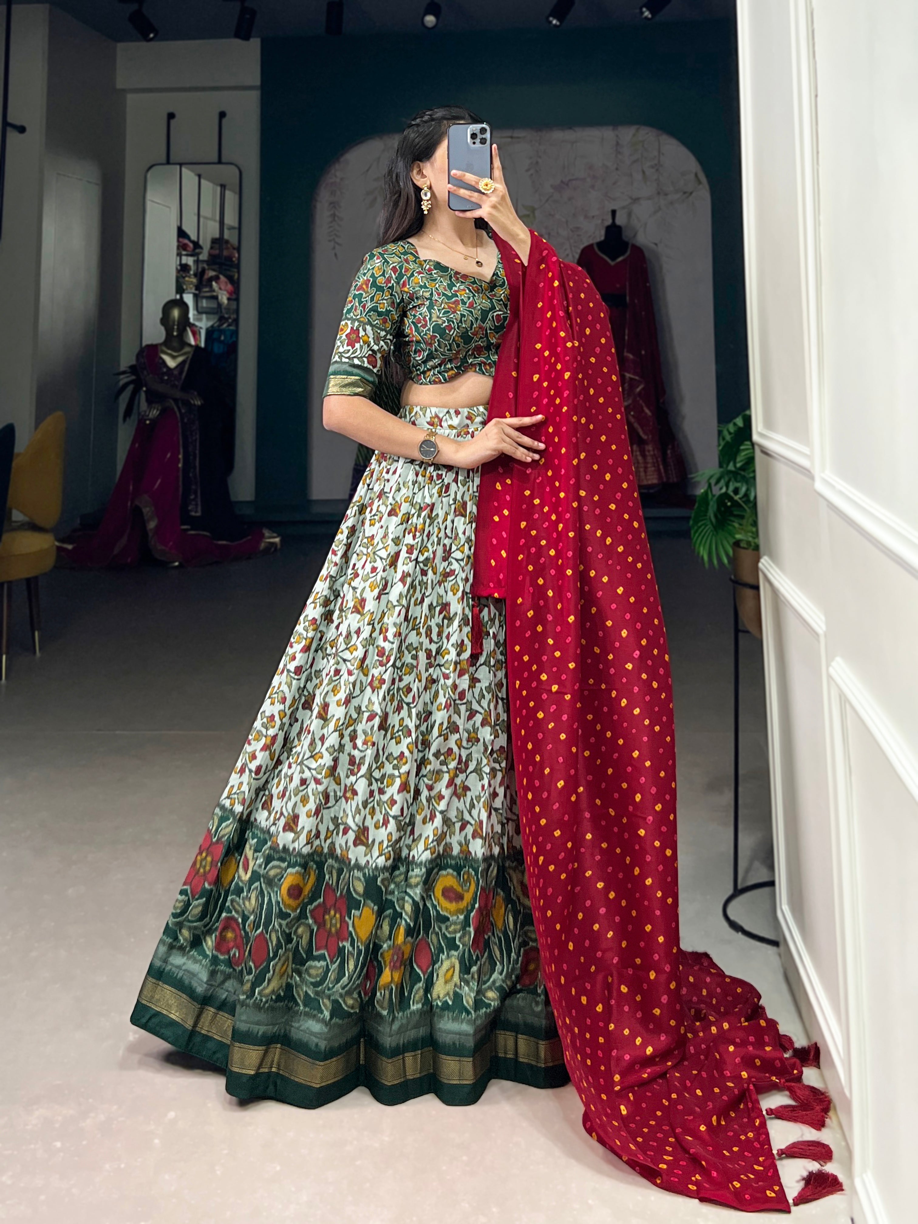 Floral Elegance Green & Red Lehenga with Bandhej Dupatta