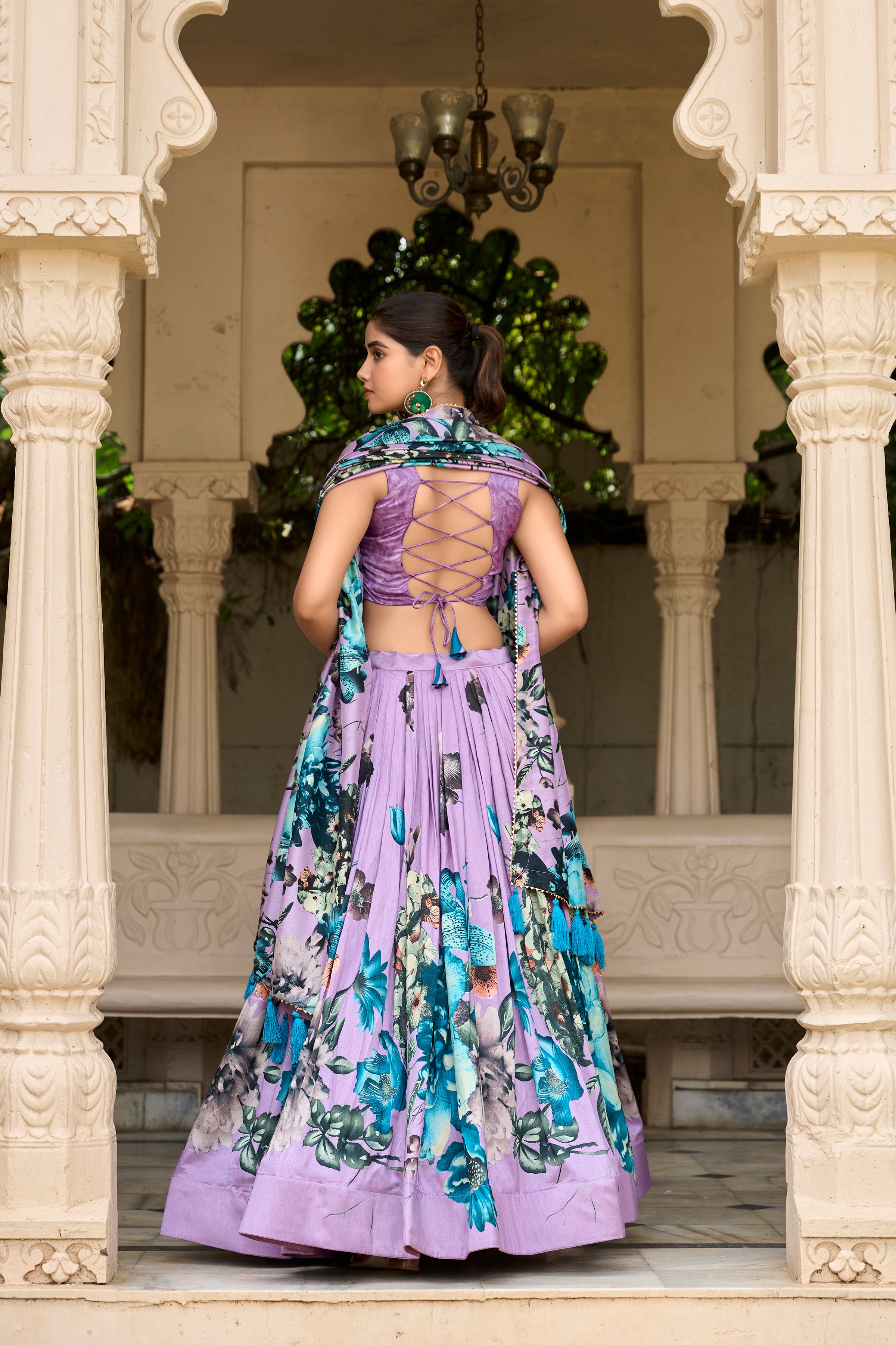Lavender Floral Printed Lehenga with Matching Blouse and Dupatta