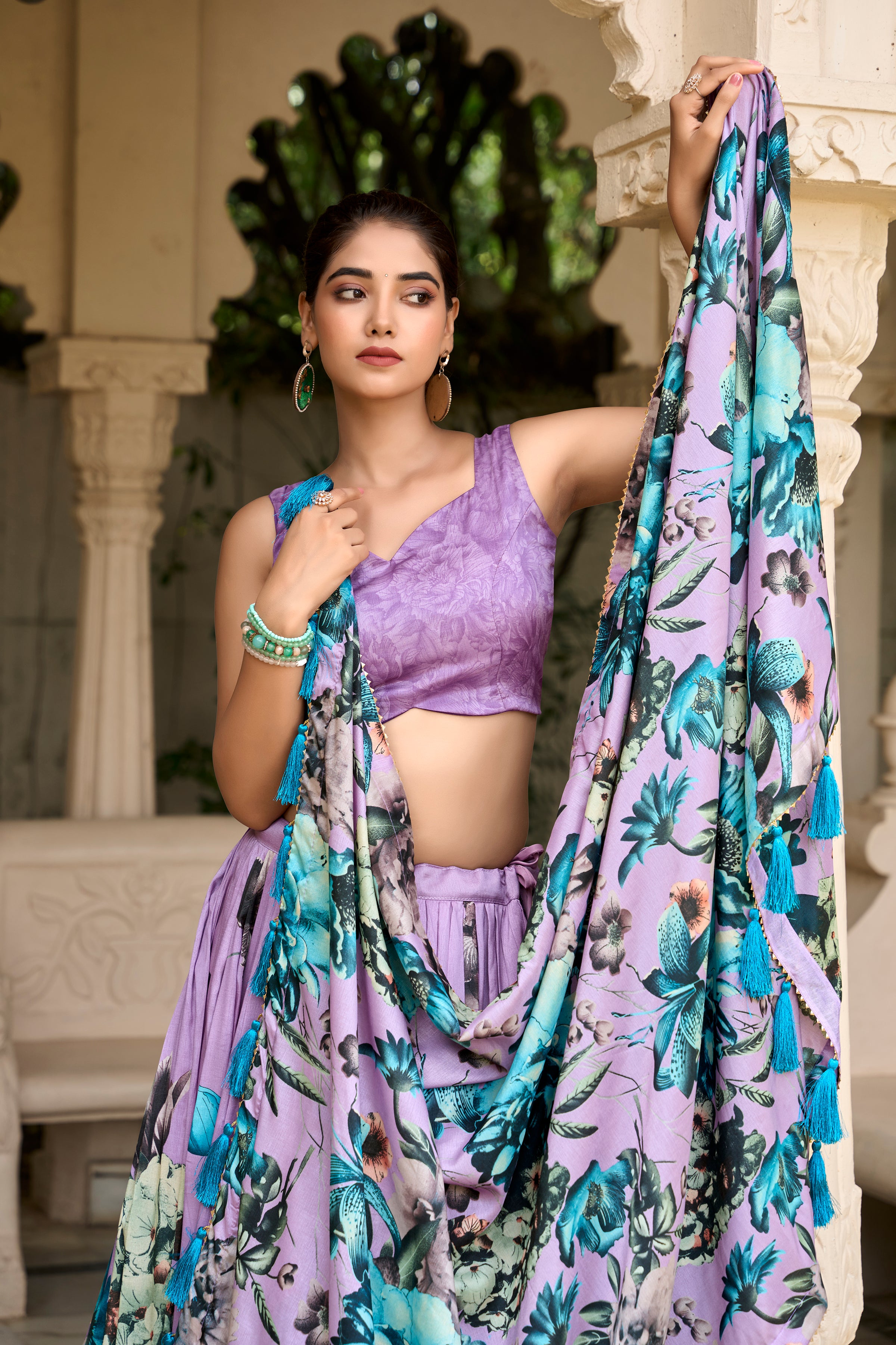 Lavender Floral Printed Lehenga with Matching Blouse and Dupatta