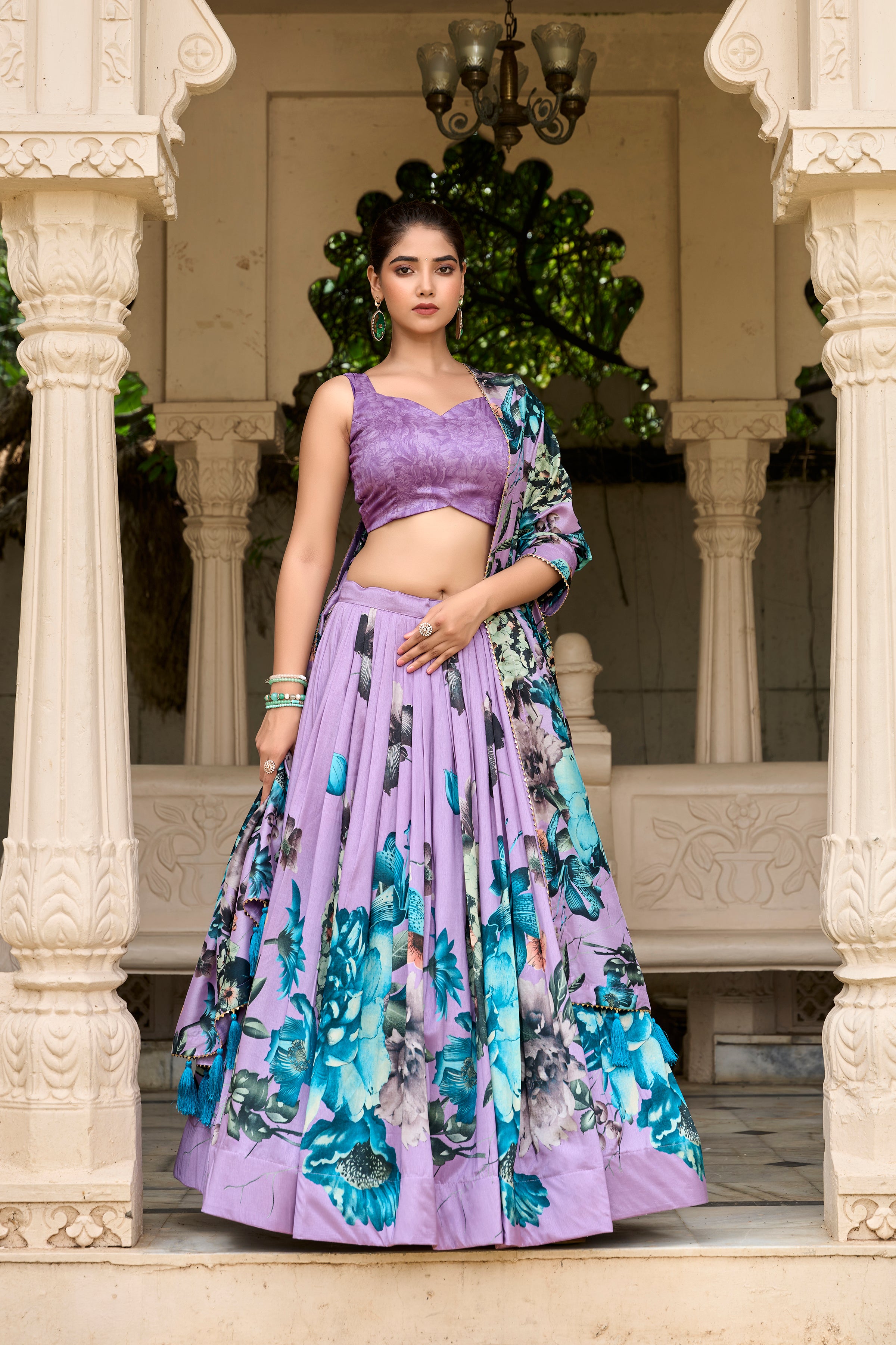 Lavender Floral Printed Lehenga with Matching Blouse and Dupatta