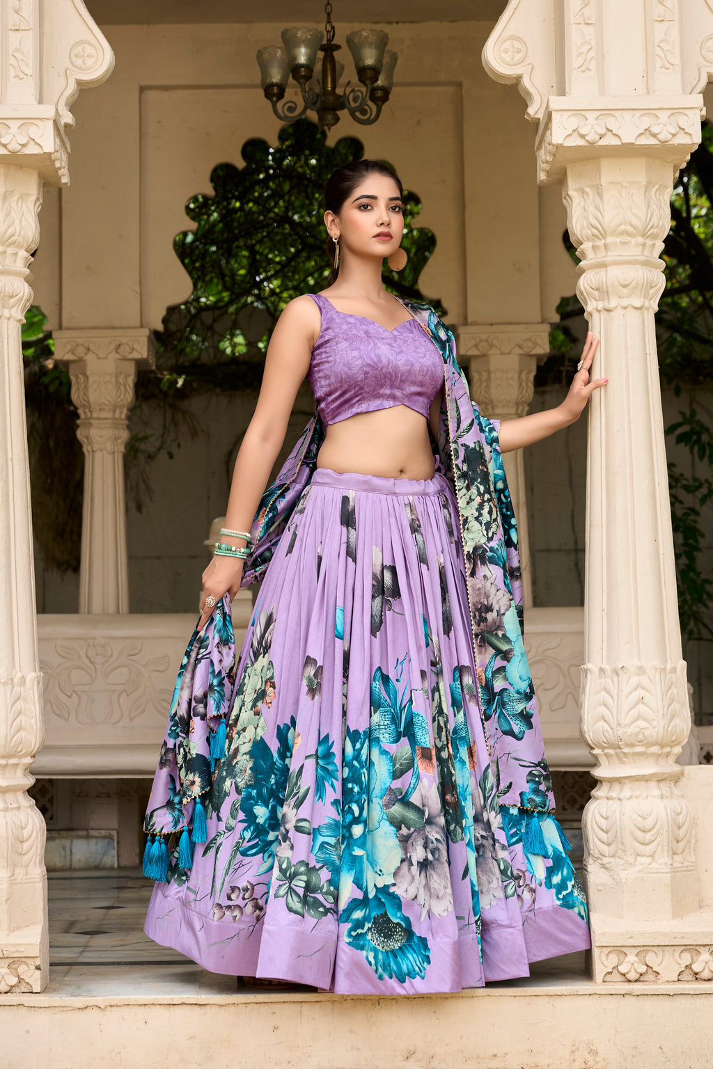Lavender Floral Printed Lehenga with Matching Blouse and Dupatta