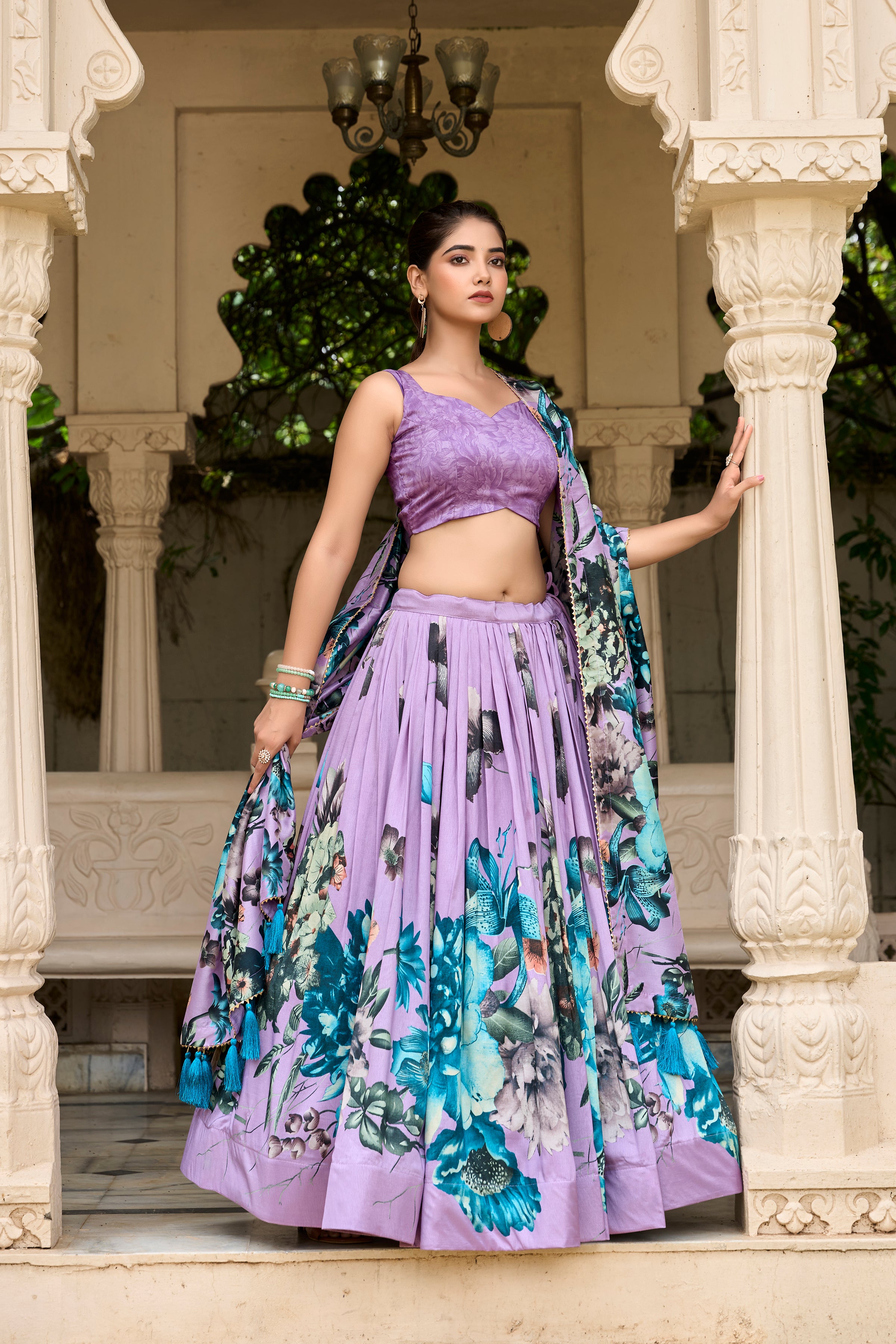Lavender Floral Printed Lehenga with Matching Blouse and Dupatta