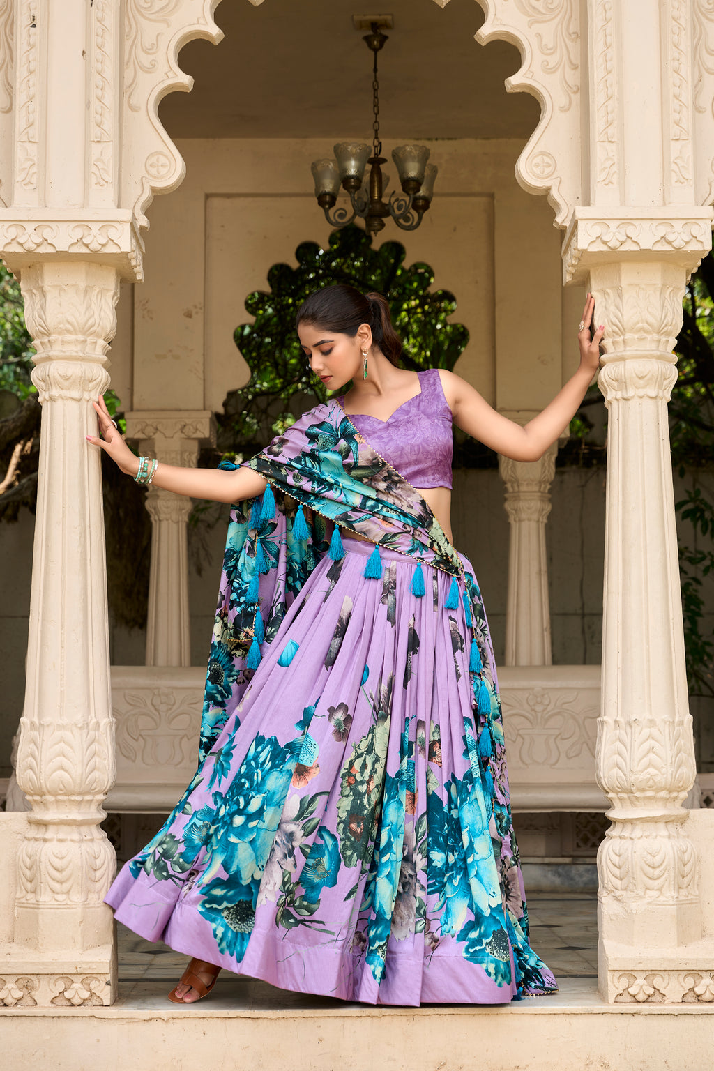 Lavender Floral Printed Lehenga with Matching Blouse and Dupatta