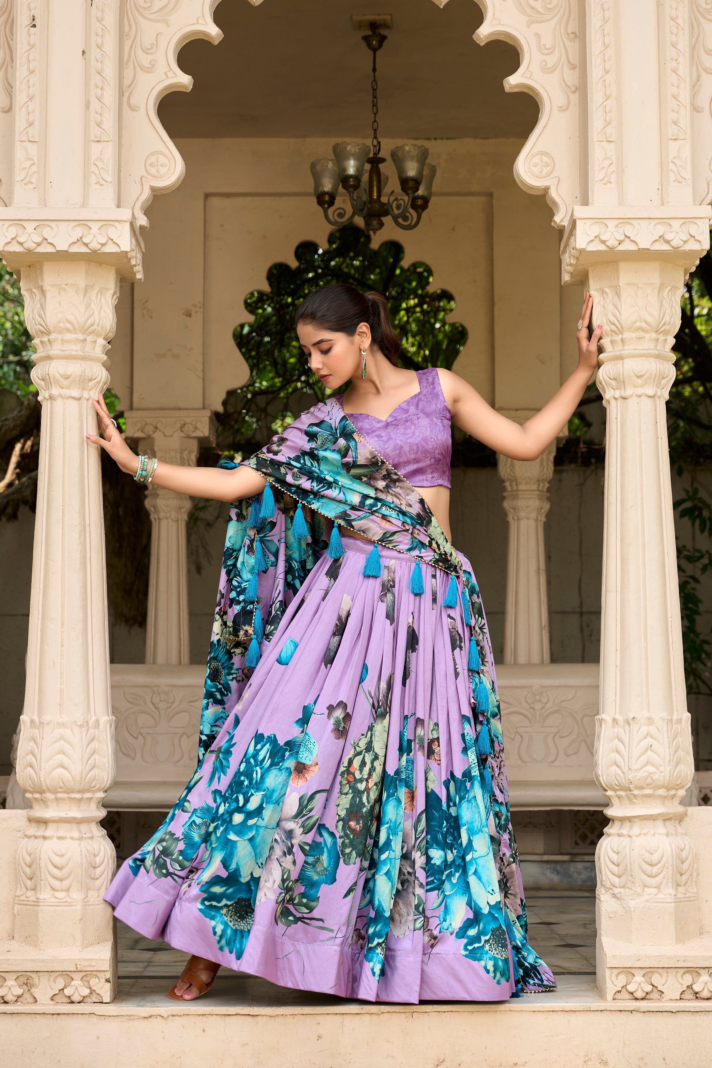 Lavender Floral Printed Lehenga with Matching Blouse and Dupatta