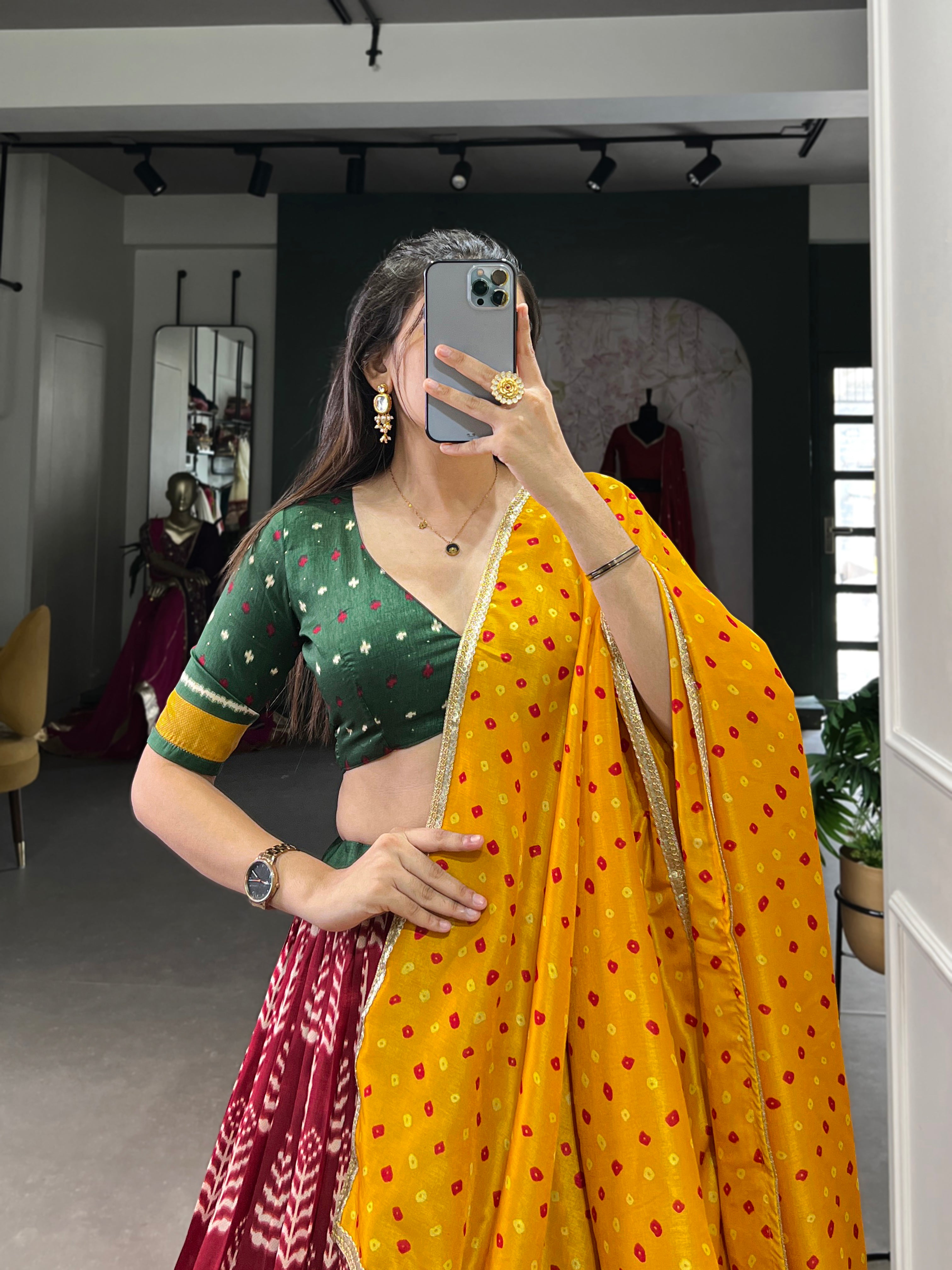 Maroon Ikat Lehenga with Green Blouse and Mustard Bandhani Dupatta
