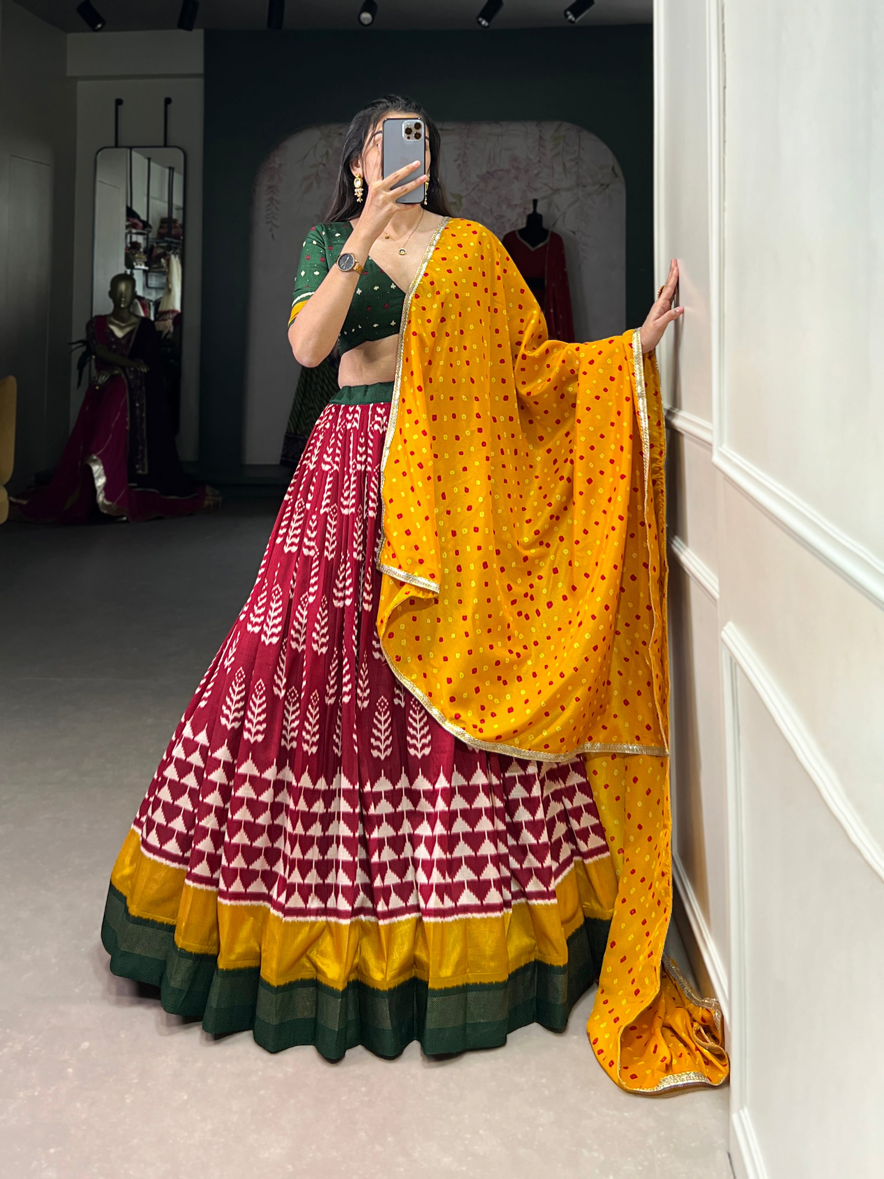 Maroon Ikat Lehenga with Green Blouse and Mustard Bandhani Dupatta