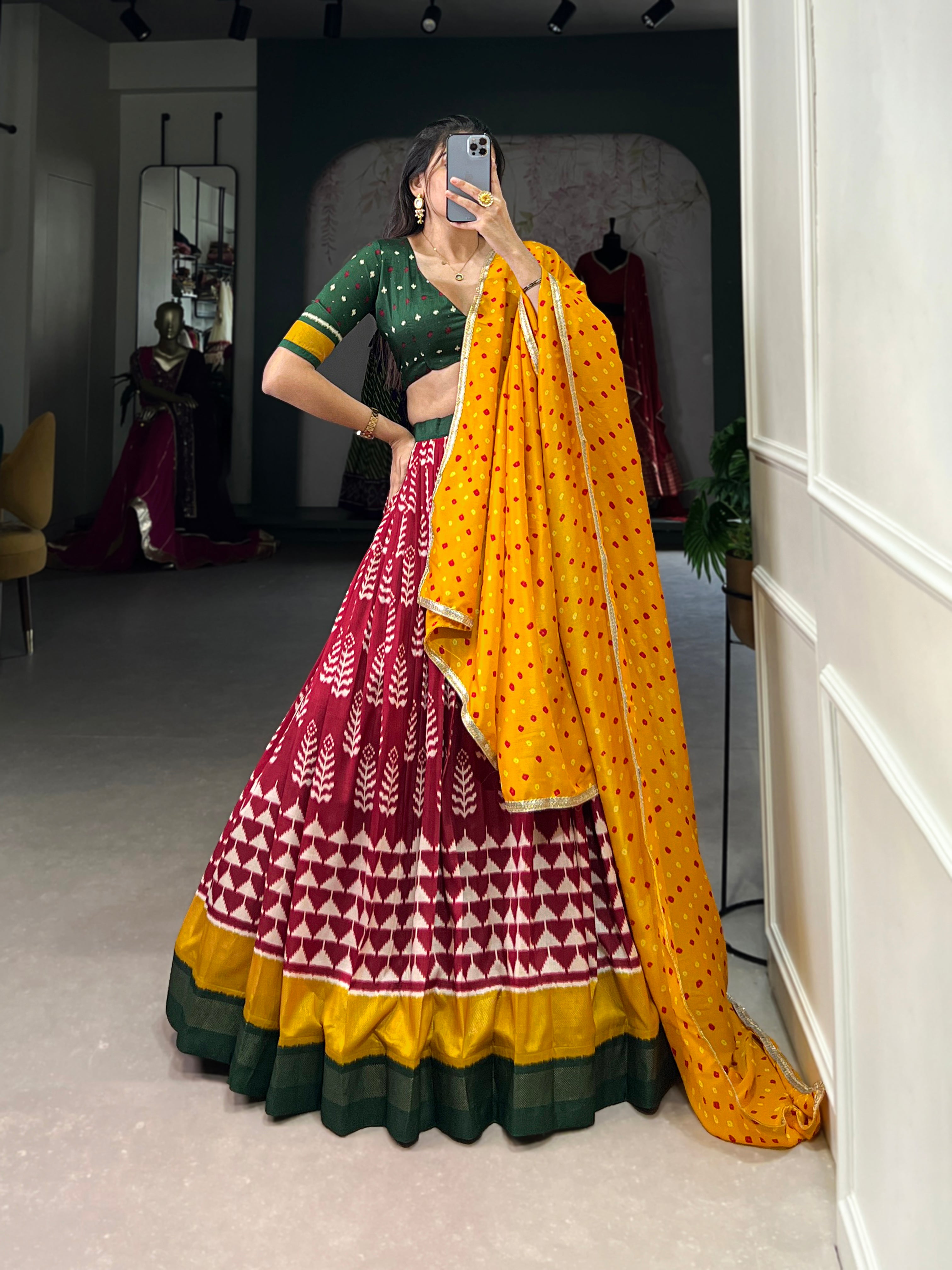 Maroon Ikat Lehenga with Green Blouse and Mustard Bandhani Dupatta