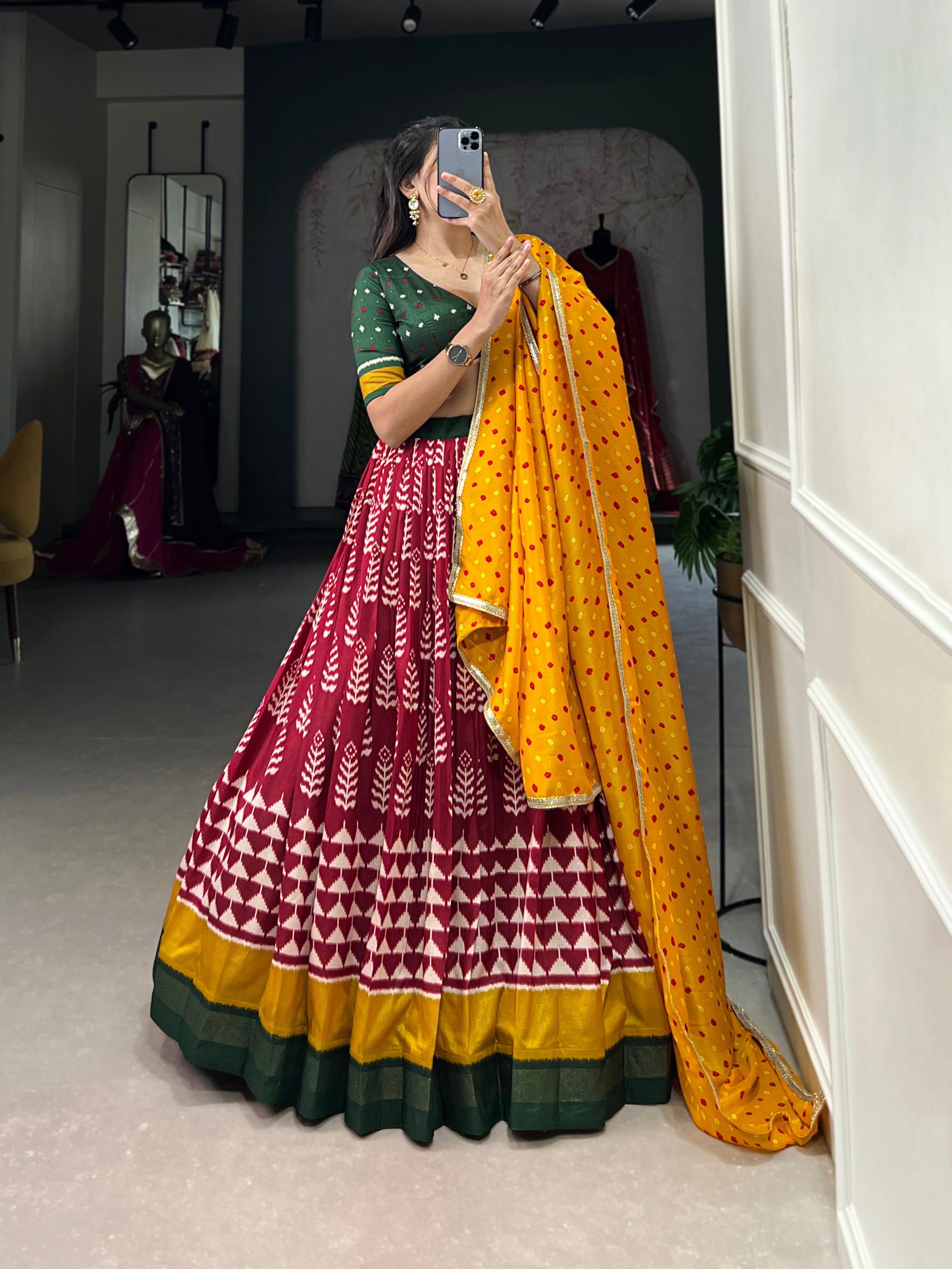 Maroon Ikat Lehenga with Green Blouse and Mustard Bandhani Dupatta