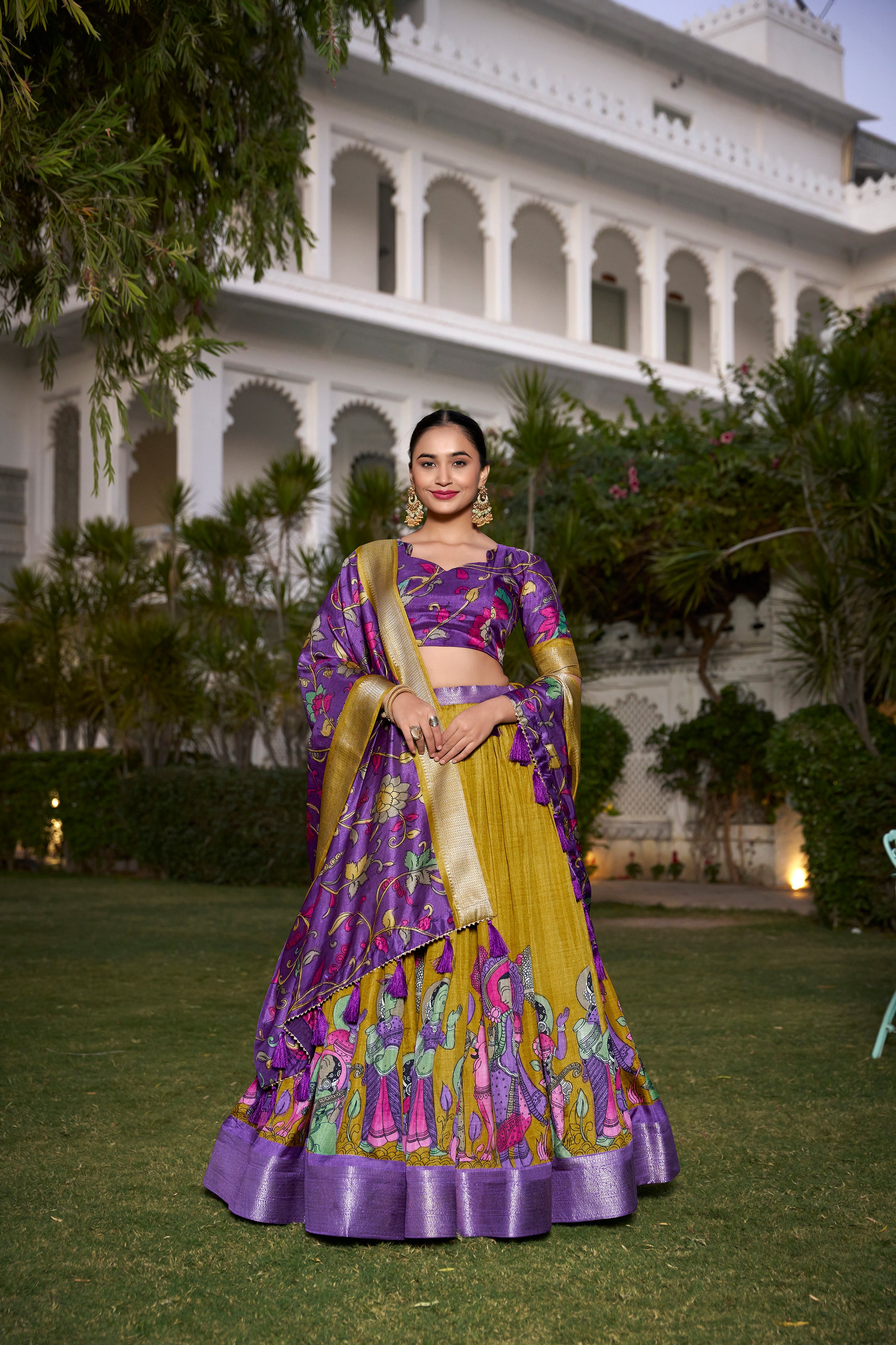 Turquoise and Artistic Print Lehenga with Copper Zari Border