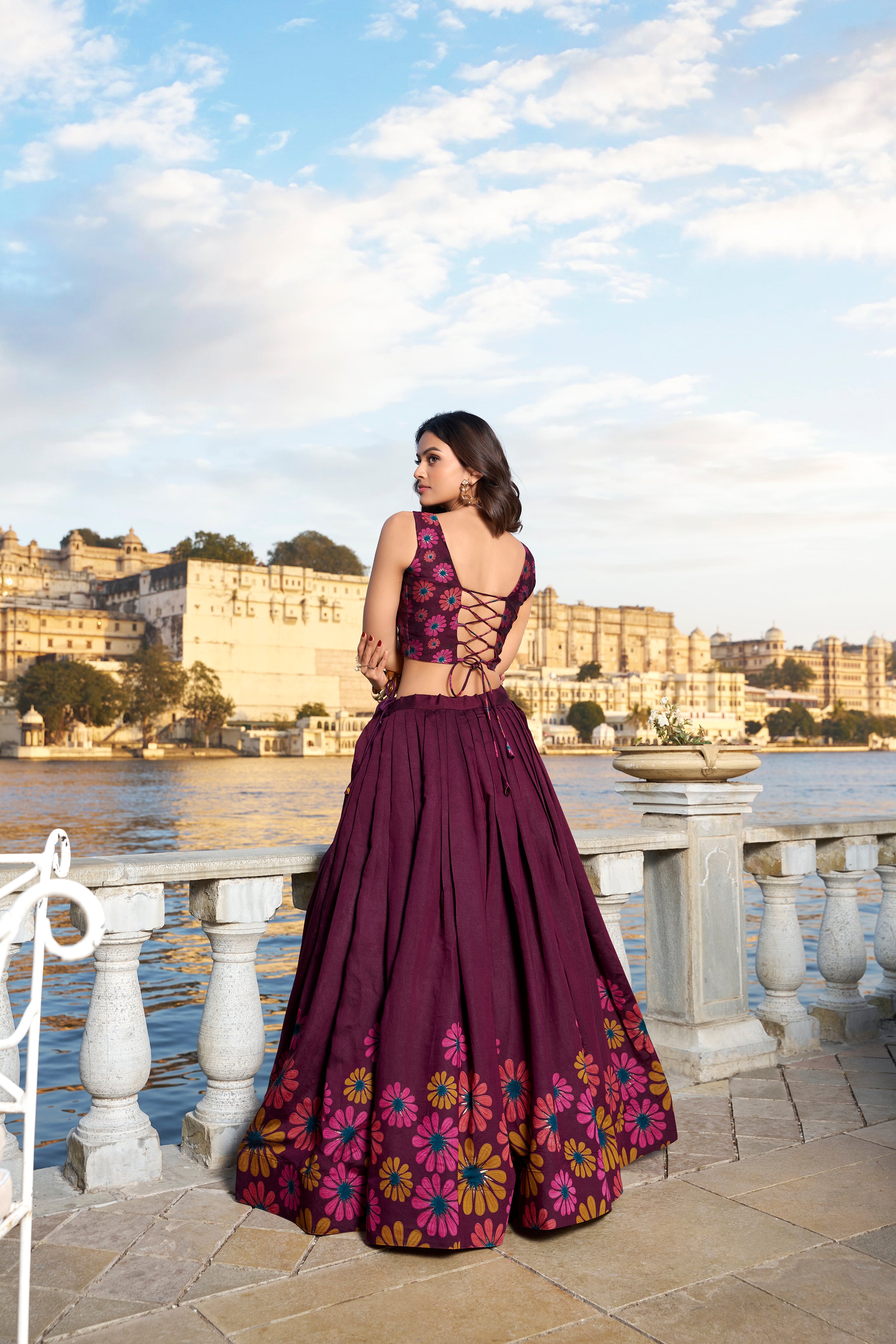 Wine Floral Embroidered Lehenga with Dupatta