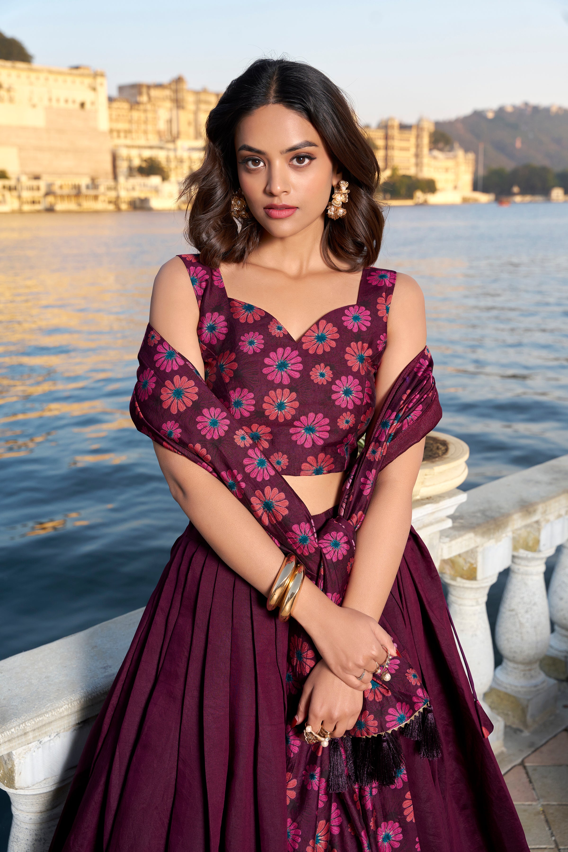 Wine Floral Embroidered Lehenga with Dupatta