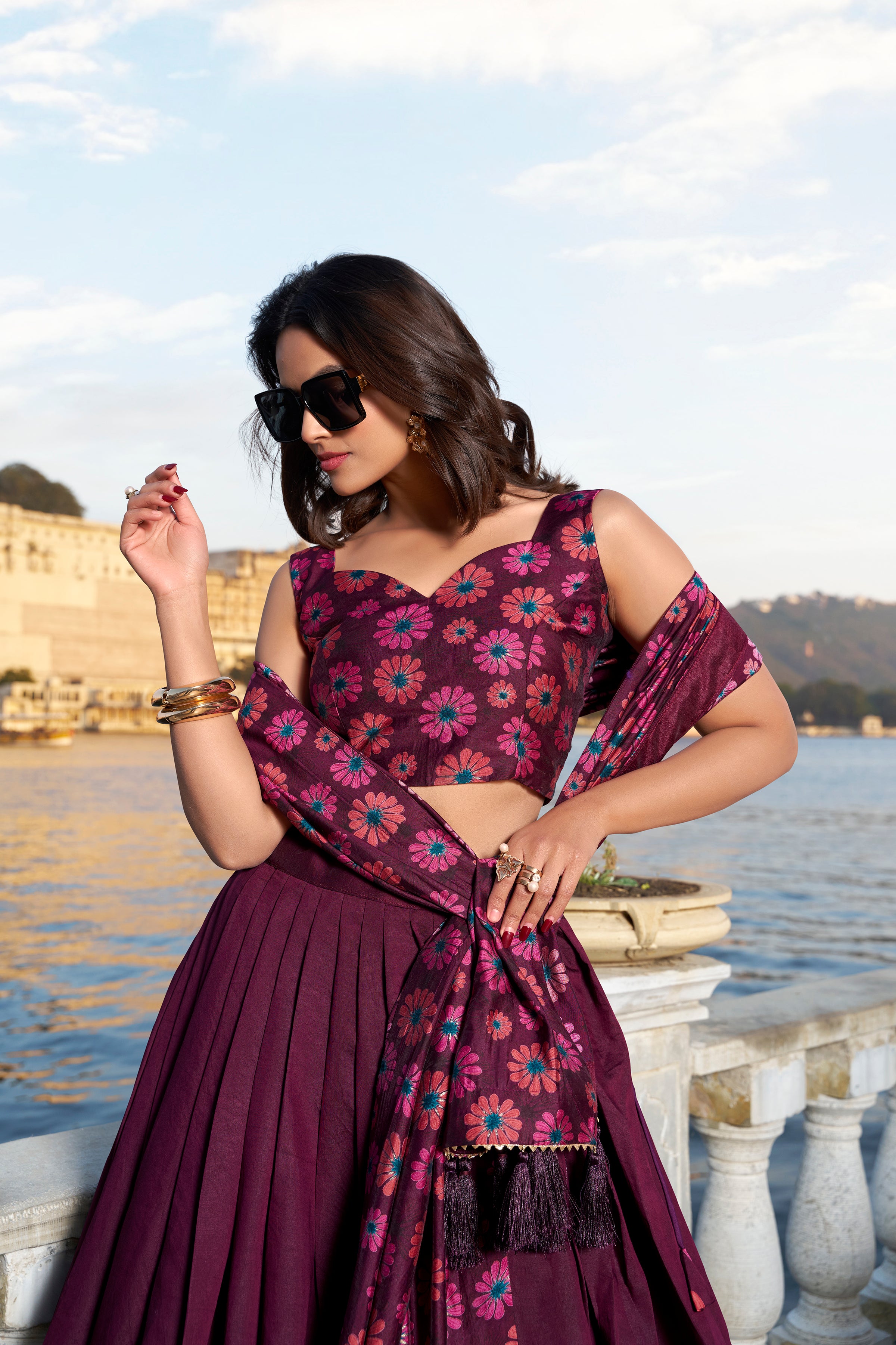 Wine Floral Embroidered Lehenga with Dupatta