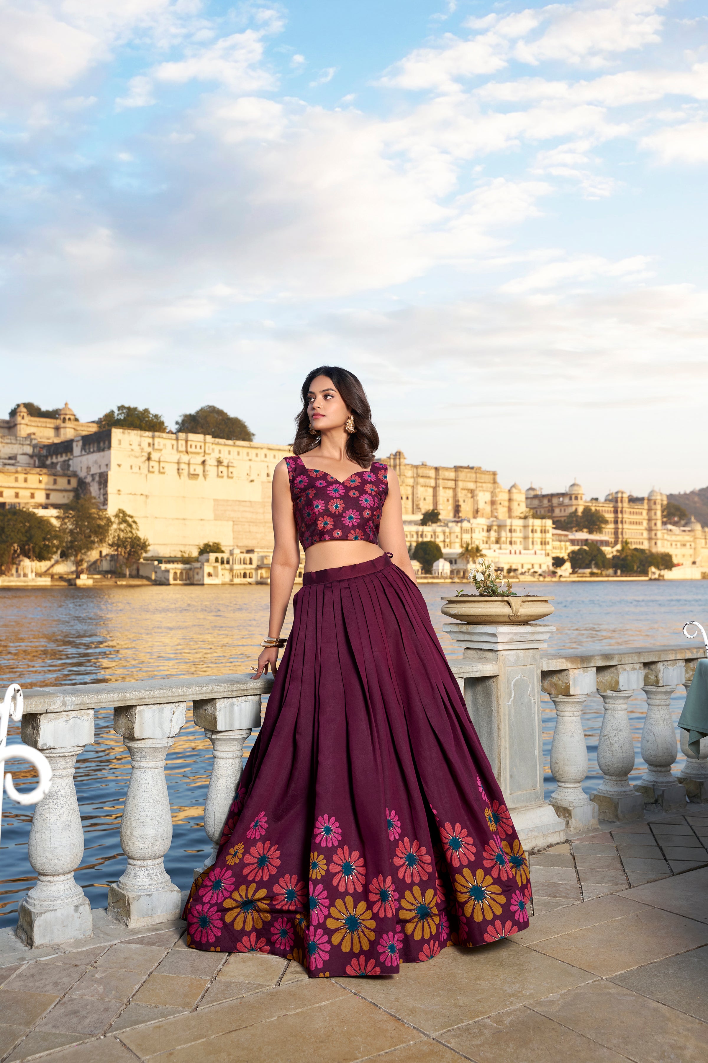 Wine Floral Embroidered Lehenga with Dupatta