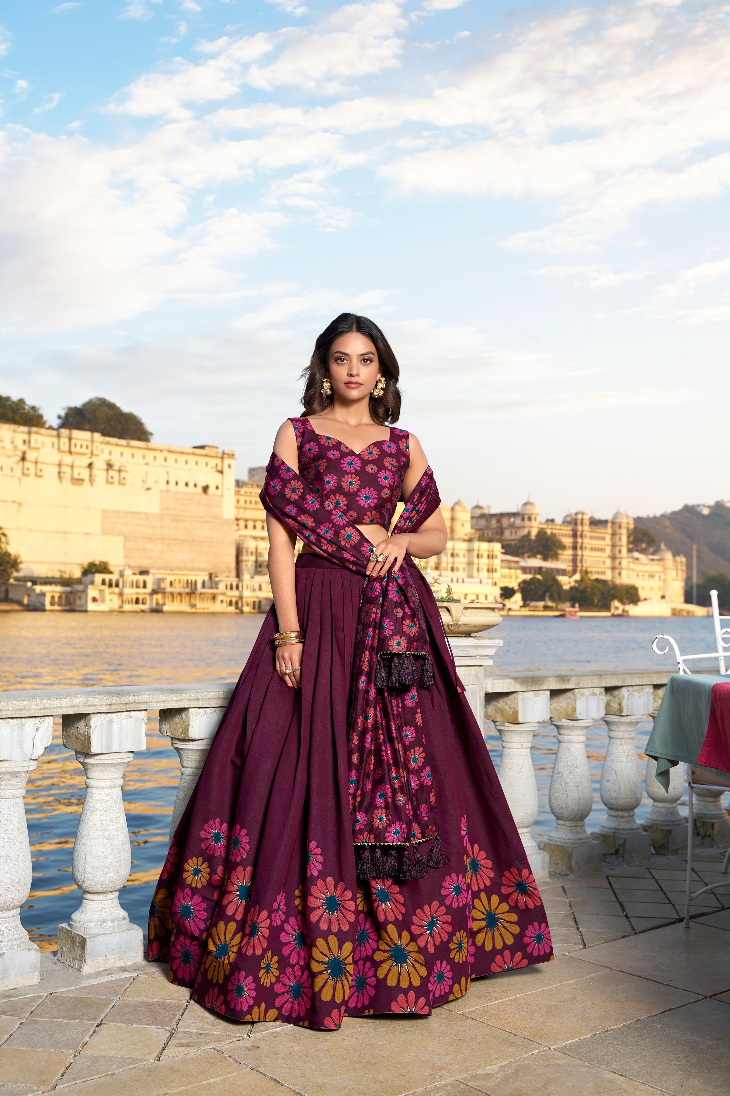 Wine Floral Embroidered Lehenga with Dupatta